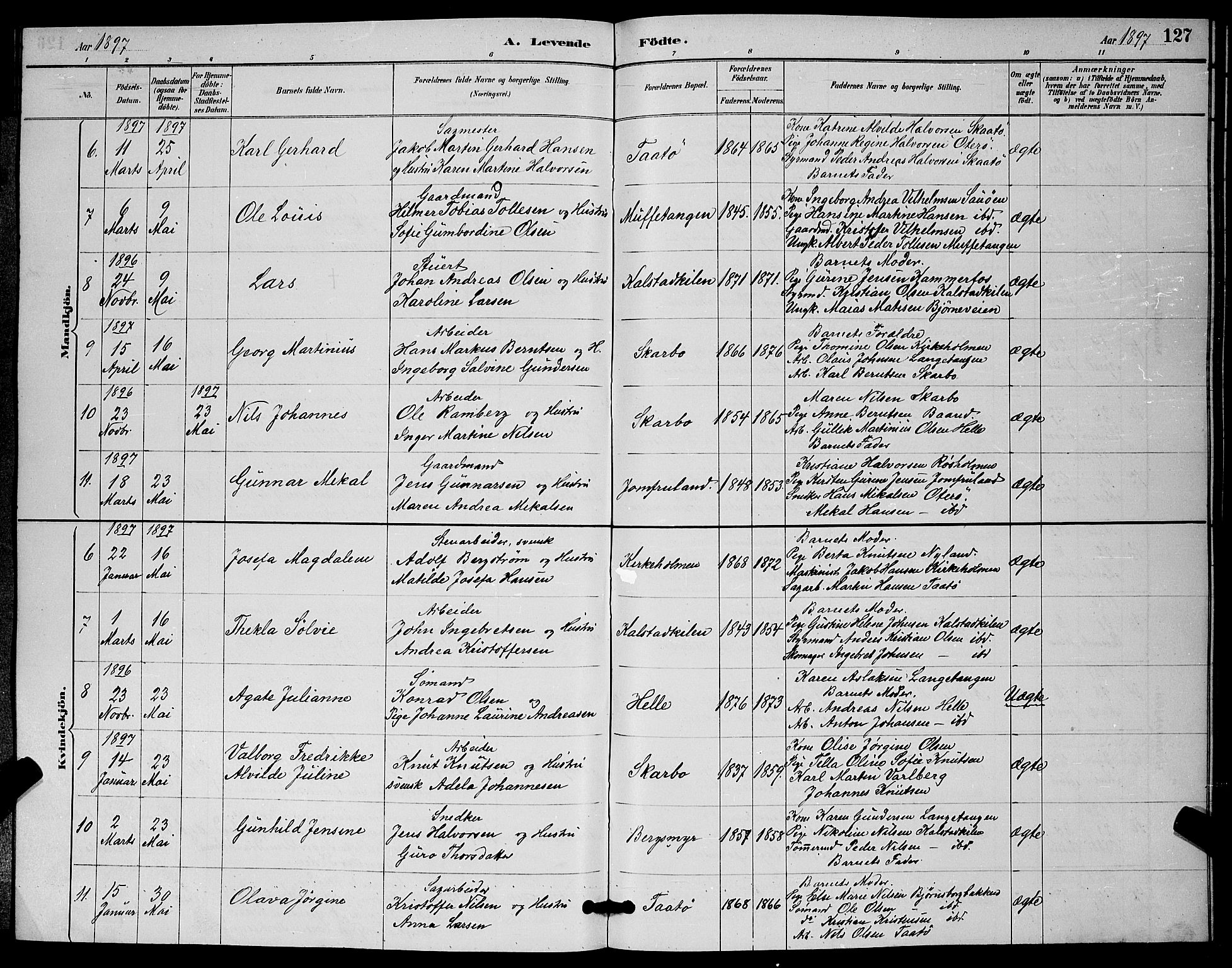 Skåtøy kirkebøker, SAKO/A-304/G/Ga/L0003: Parish register (copy) no. I 3, 1884-1898, p. 127