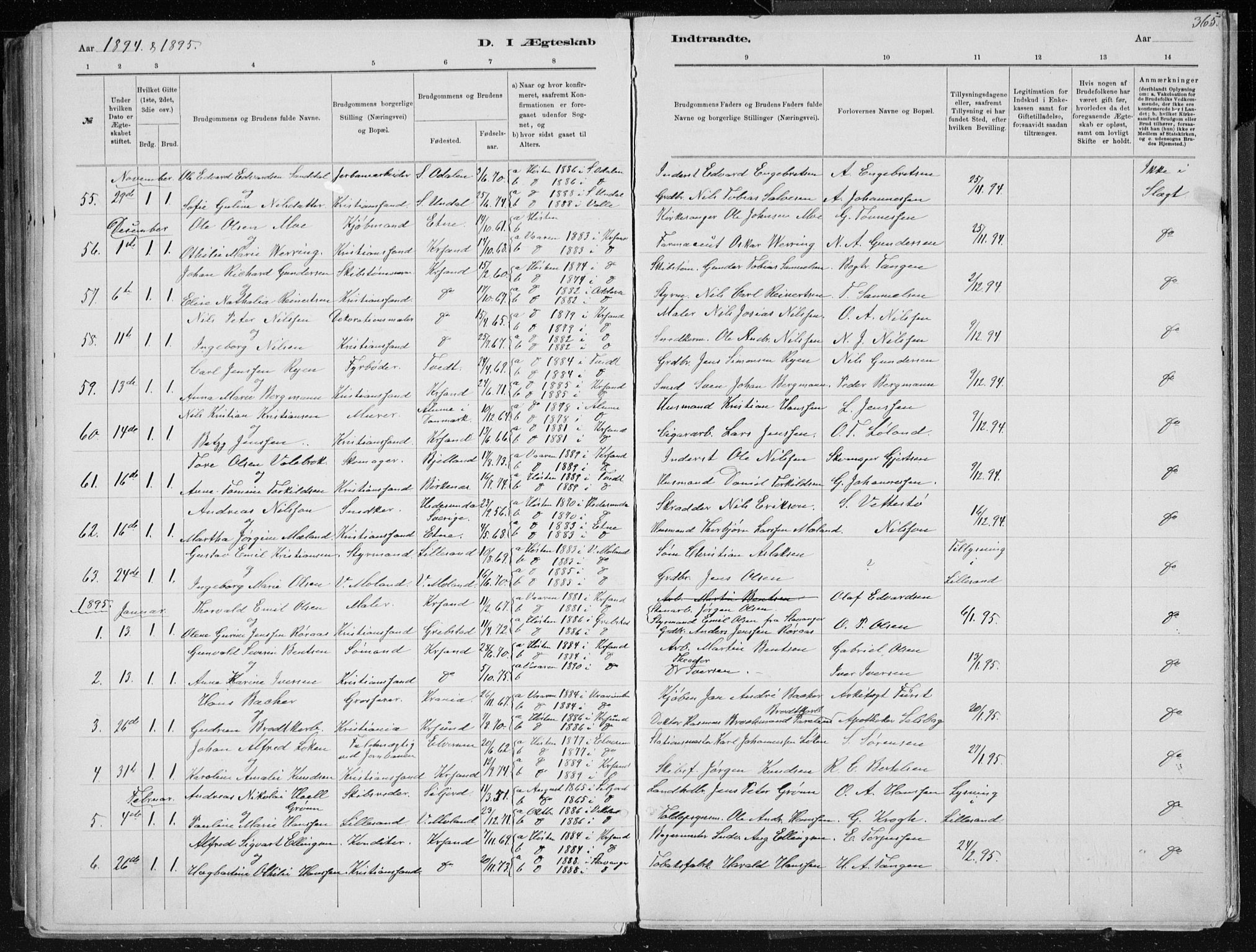 Kristiansand domprosti, SAK/1112-0006/F/Fb/L0014: Parish register (copy) no. B 14, 1881-1896, p. 365