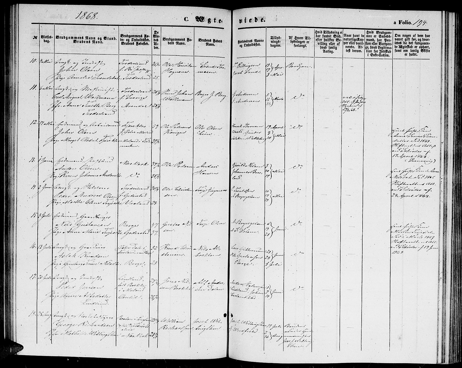 Holt sokneprestkontor, SAK/1111-0021/F/Fb/L0008: Parish register (copy) no. B 8, 1858-1871, p. 194