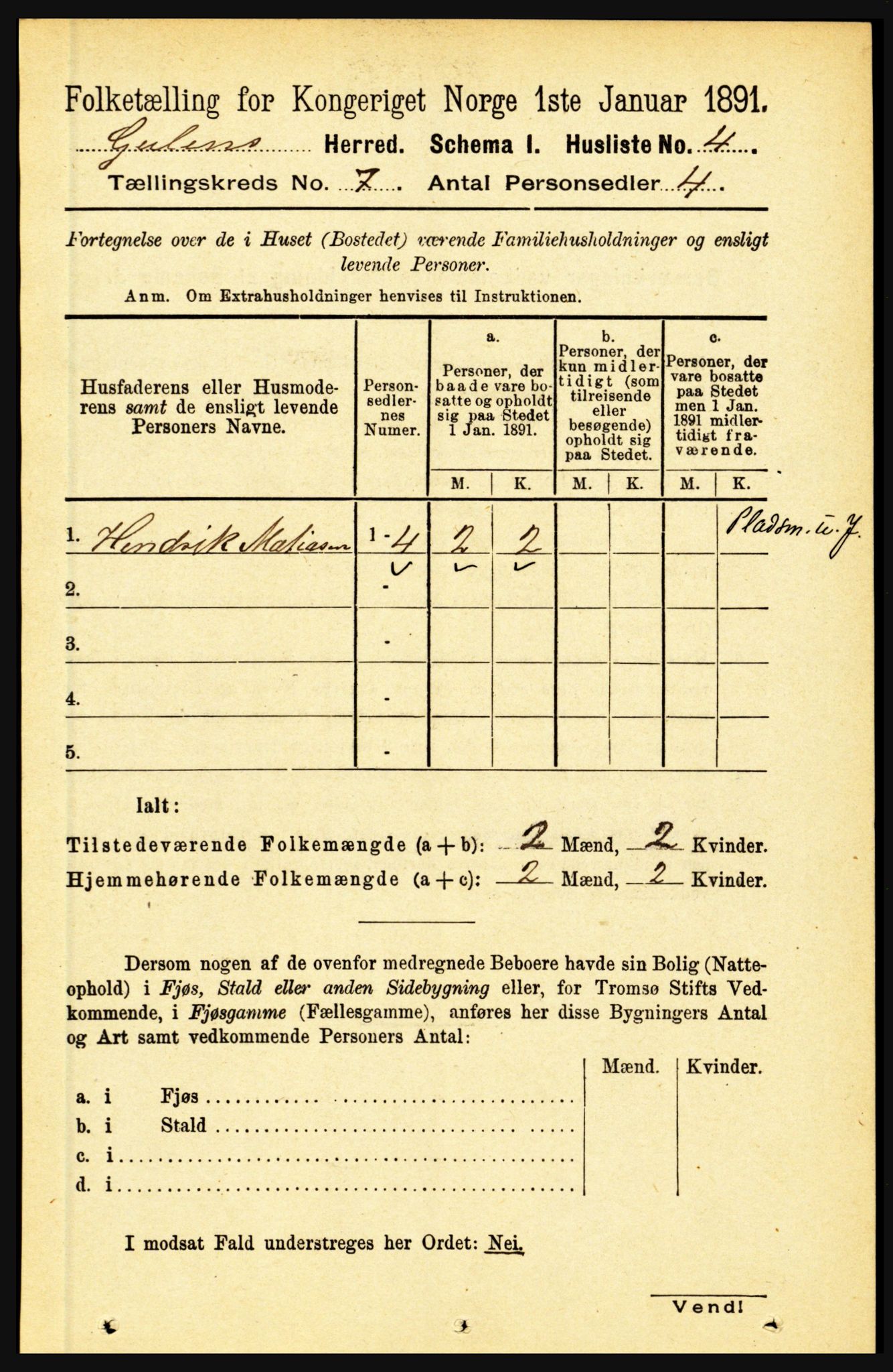 RA, 1891 census for 1411 Gulen, 1891, p. 2184