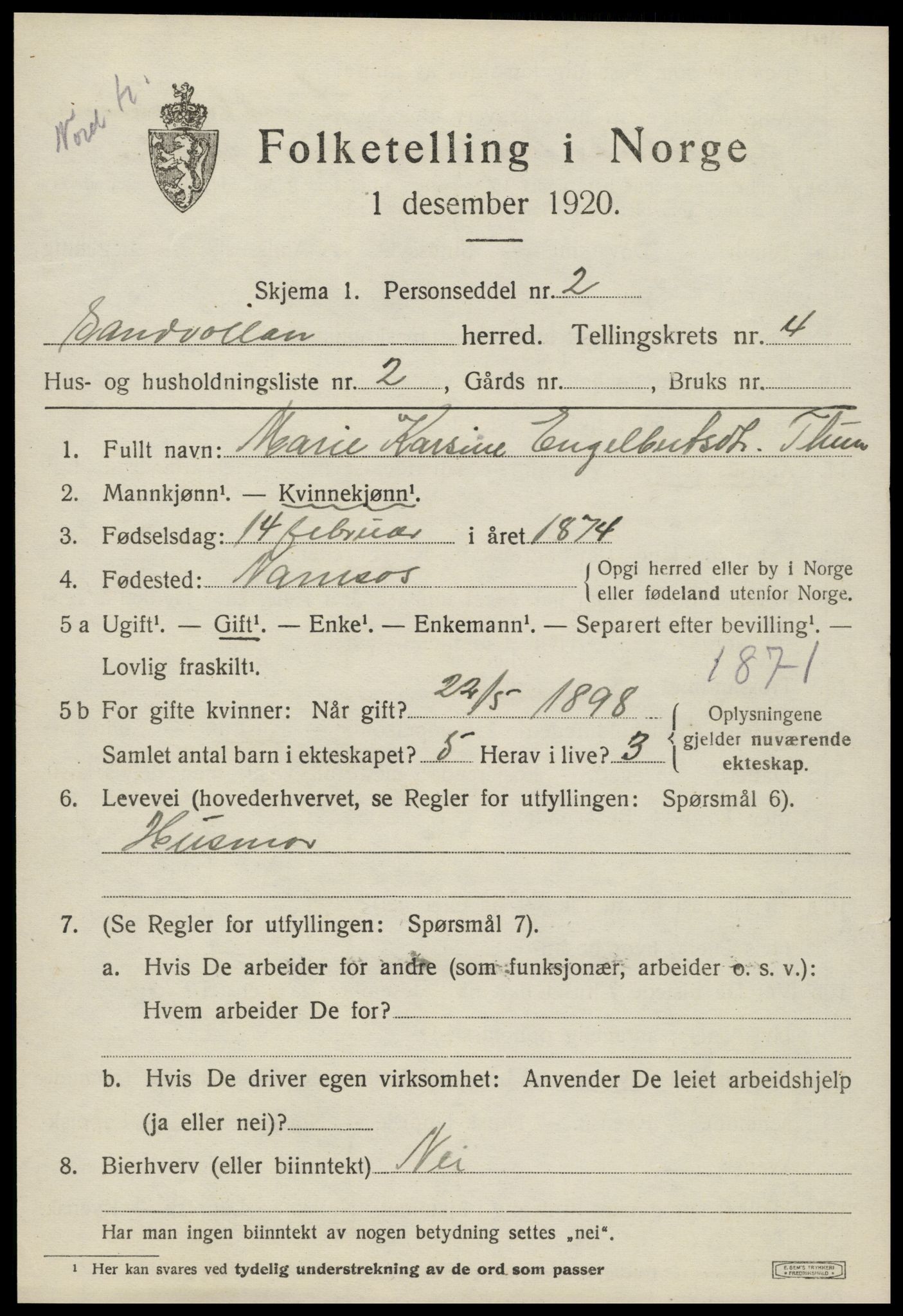 SAT, 1920 census for Sandvollan, 1920, p. 1483