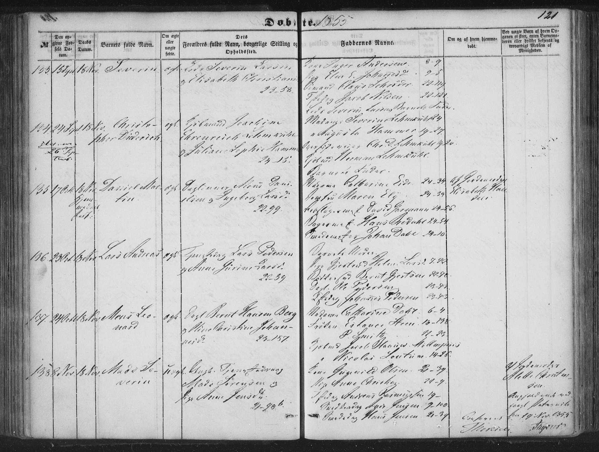 Korskirken sokneprestembete, AV/SAB-A-76101/H/Haa/L0017: Parish register (official) no. B 3, 1851-1857, p. 121