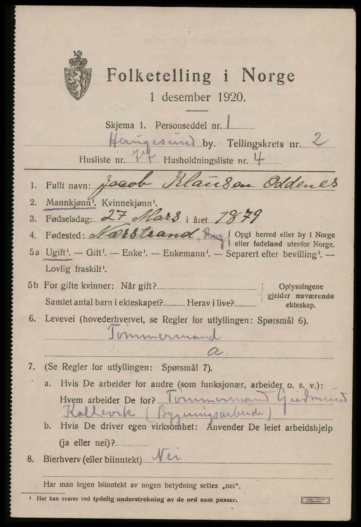 SAST, 1920 census for Haugesund, 1920, p. 14343