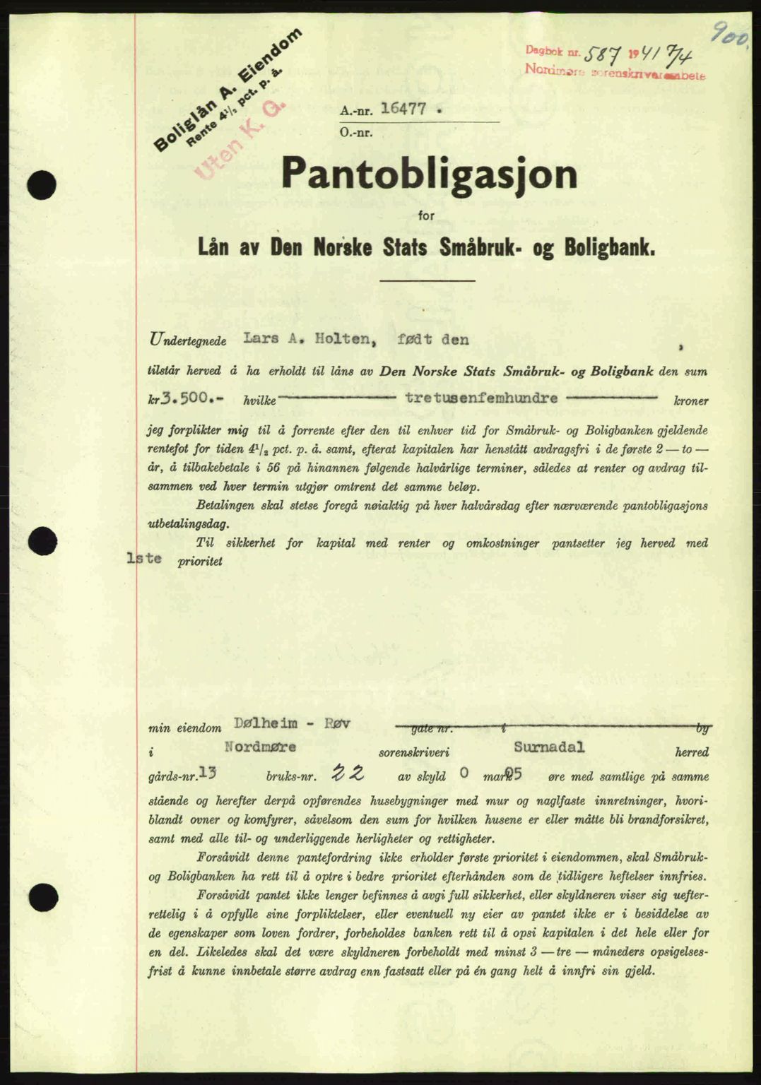 Nordmøre sorenskriveri, AV/SAT-A-4132/1/2/2Ca: Mortgage book no. B87, 1940-1941, Diary no: : 587/1941