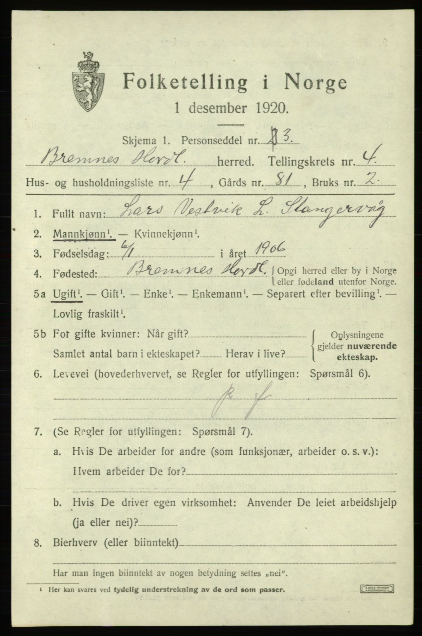 SAB, 1920 census for Bremnes, 1920, p. 1850