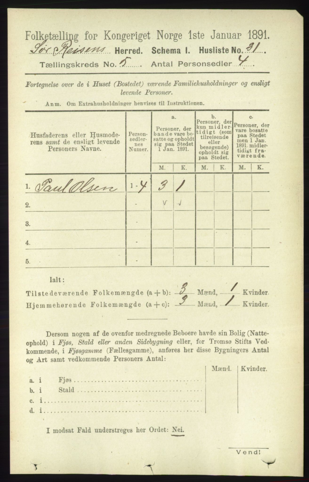 RA, 1891 census for 1925 Sørreisa, 1891, p. 1539