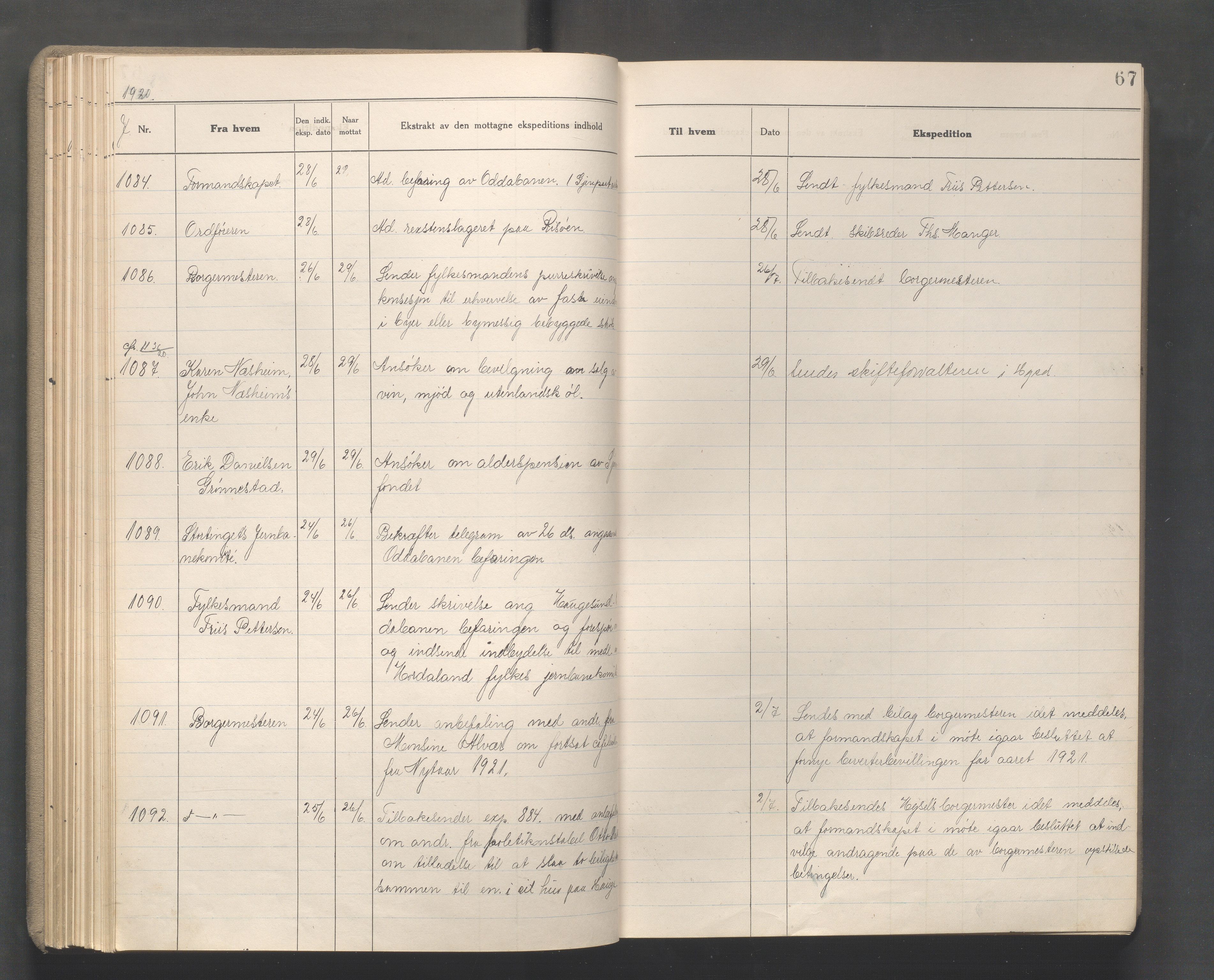 Haugesund kommune - Formannskapet, IKAR/X-0001/C/L0010: Journal, 1920-1921, p. 67