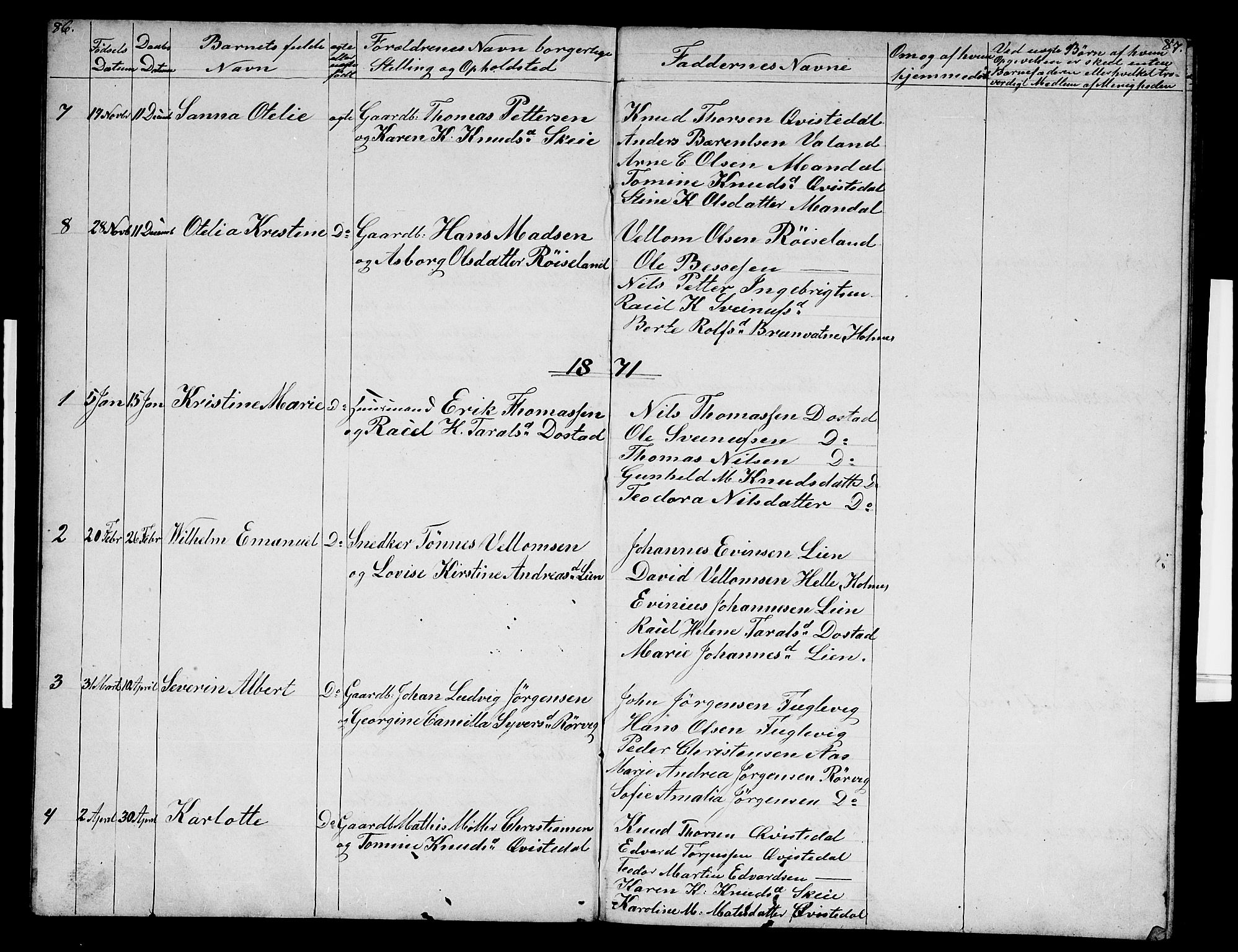 Mandal sokneprestkontor, SAK/1111-0030/F/Fb/Fbb/L0003: Parish register (copy) no. B 3, 1848-1877, p. 86-87