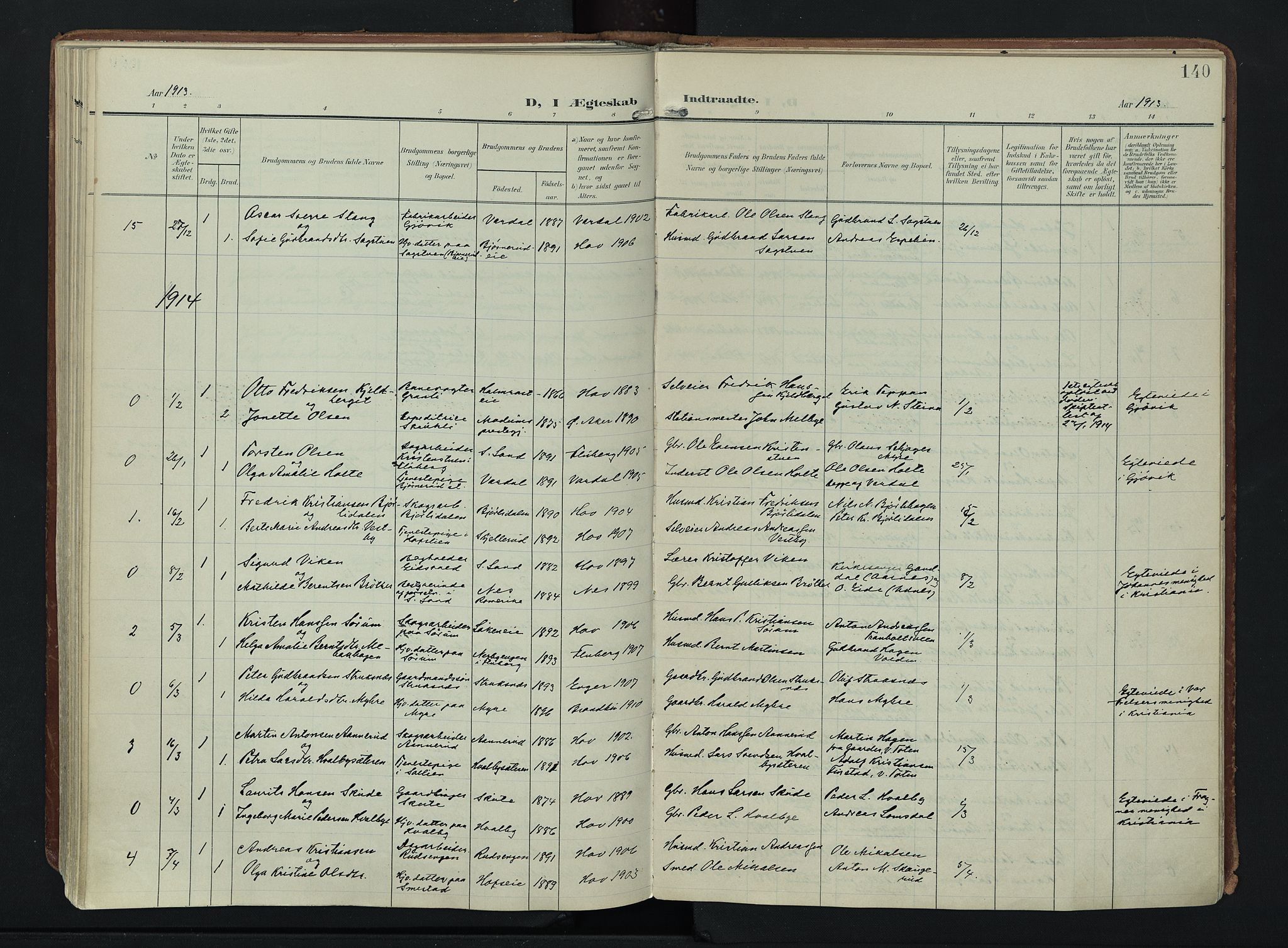 Søndre Land prestekontor, SAH/PREST-122/K/L0007: Parish register (official) no. 7, 1905-1914, p. 140