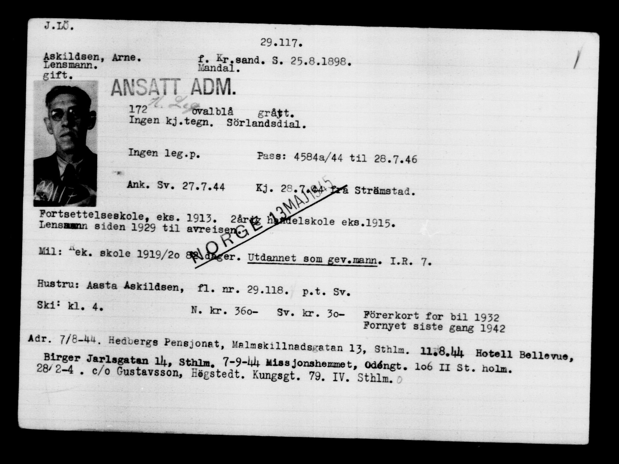 Utenriksstasjonene, Legasjonen i Stockholm, Flyktningkontoret, AV/RA-S-6753/V/Va/L0012: Kjesäterkartoteket, flyktninger med registreringsnr. 28300-31566, 1940-1945, p. 883