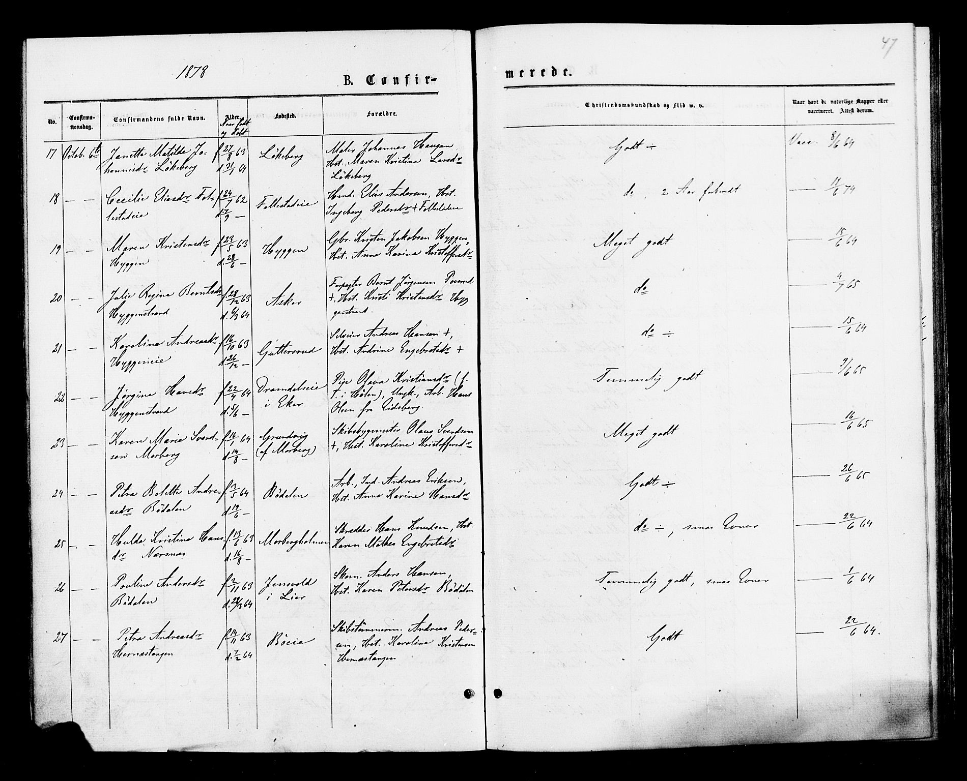 Røyken kirkebøker, AV/SAKO-A-241/F/Fa/L0007: Parish register (official) no. 7, 1876-1879, p. 47