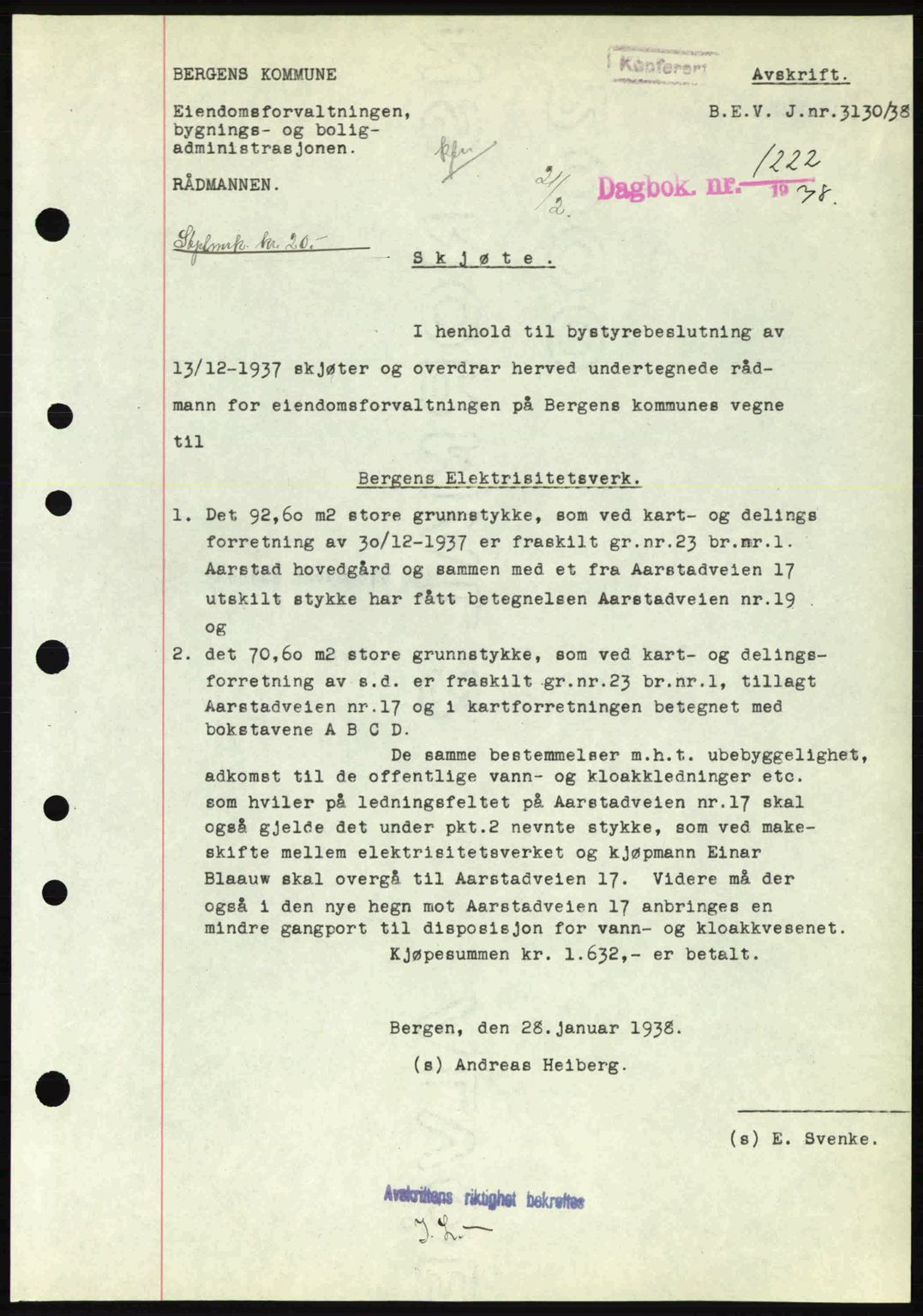 Byfogd og Byskriver i Bergen, AV/SAB-A-3401/03/03Bc/L0006: Mortgage book no. A5, 1937-1938, Diary no: : 1222/1938