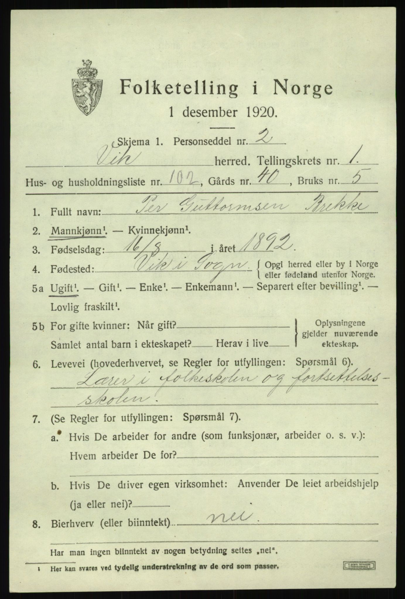 SAB, 1920 census for Vik, 1920, p. 2087