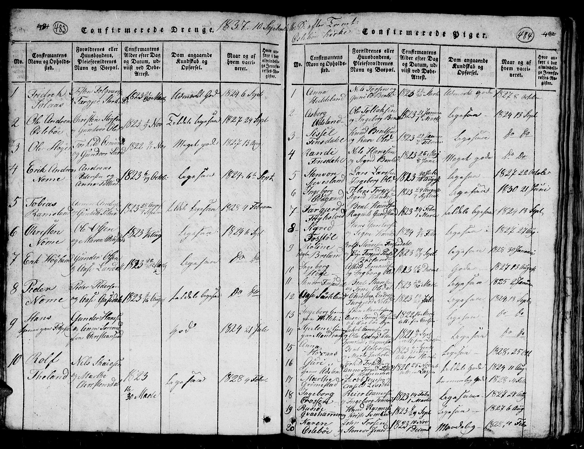Holum sokneprestkontor, SAK/1111-0022/F/Fb/Fbc/L0001: Parish register (copy) no. B 1, 1820-1859, p. 483-484