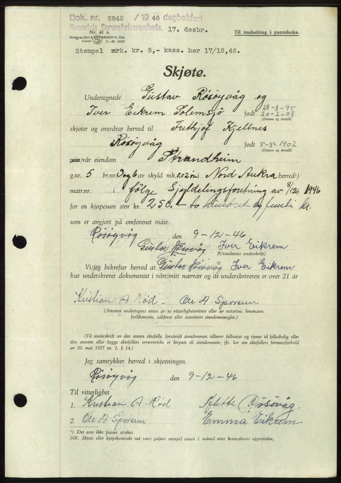 Romsdal sorenskriveri, AV/SAT-A-4149/1/2/2C: Mortgage book no. A21, 1946-1946, Diary no: : 2842/1946