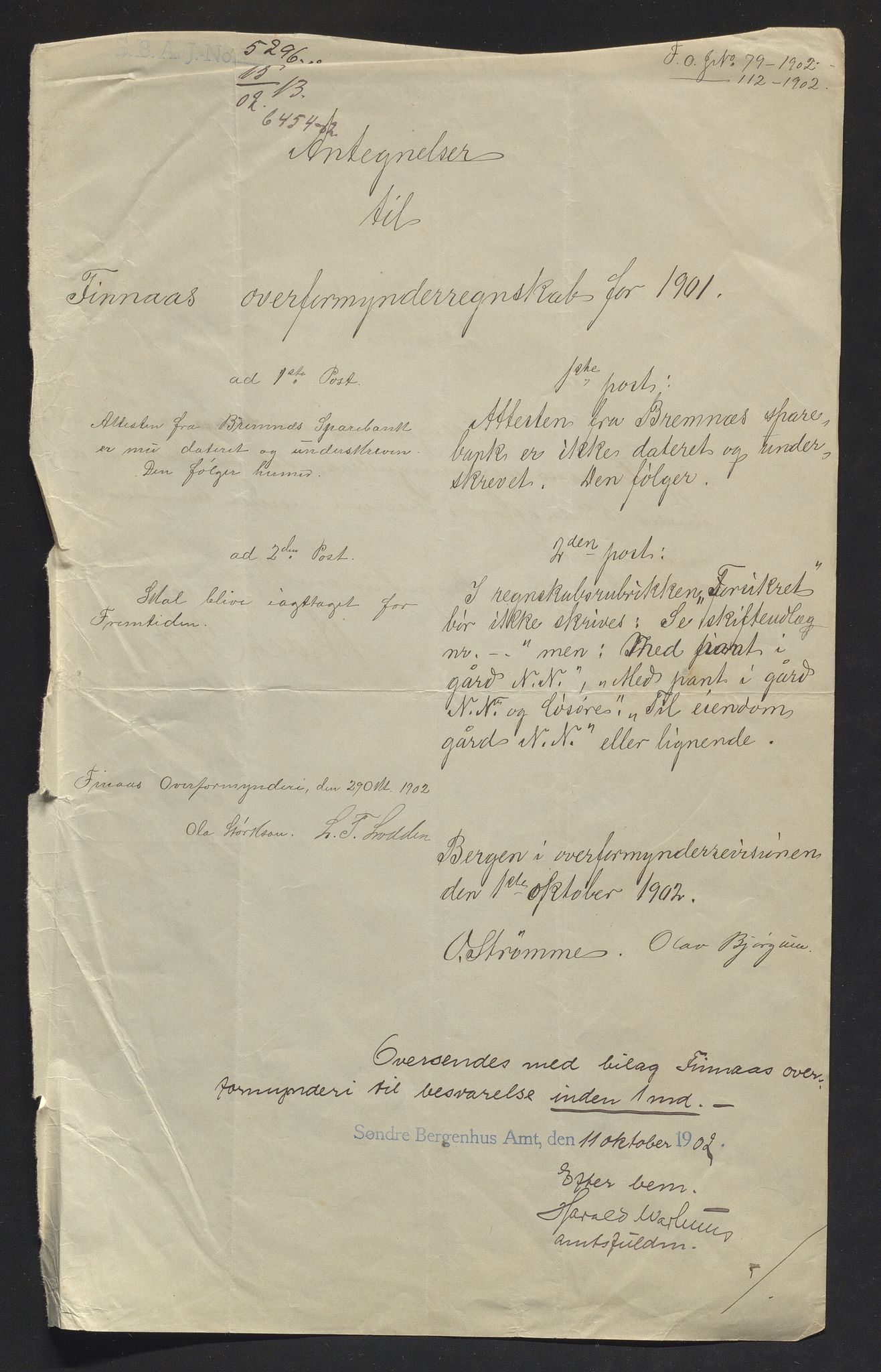 Finnaas kommune. Overformynderiet, IKAH/1218a-812/R/Ra/Raa/L0007/0001: Årlege rekneskap m/vedlegg / Årlege rekneskap m/vedlegg, 1901