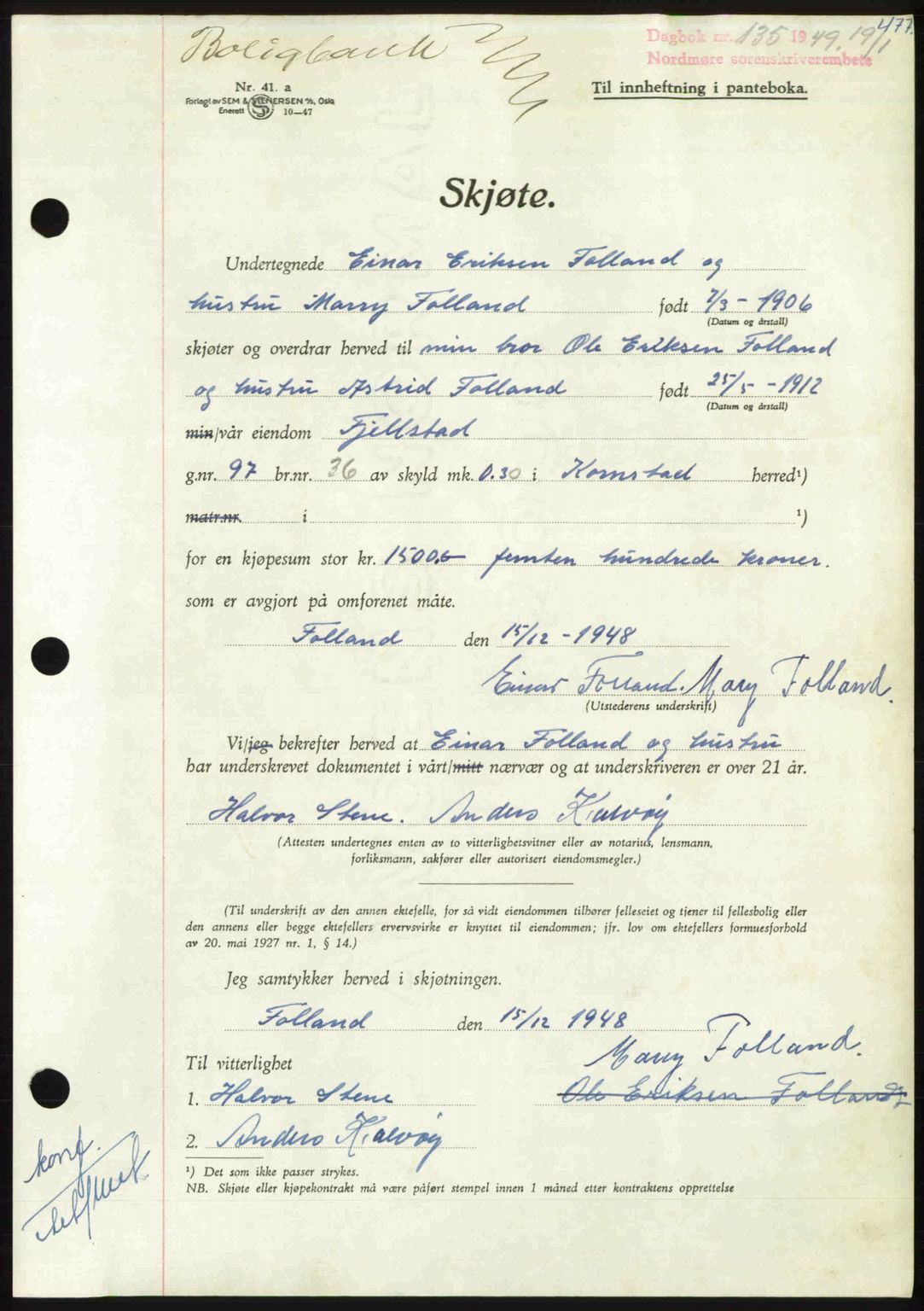 Nordmøre sorenskriveri, AV/SAT-A-4132/1/2/2Ca: Mortgage book no. A110, 1948-1949, Diary no: : 135/1949