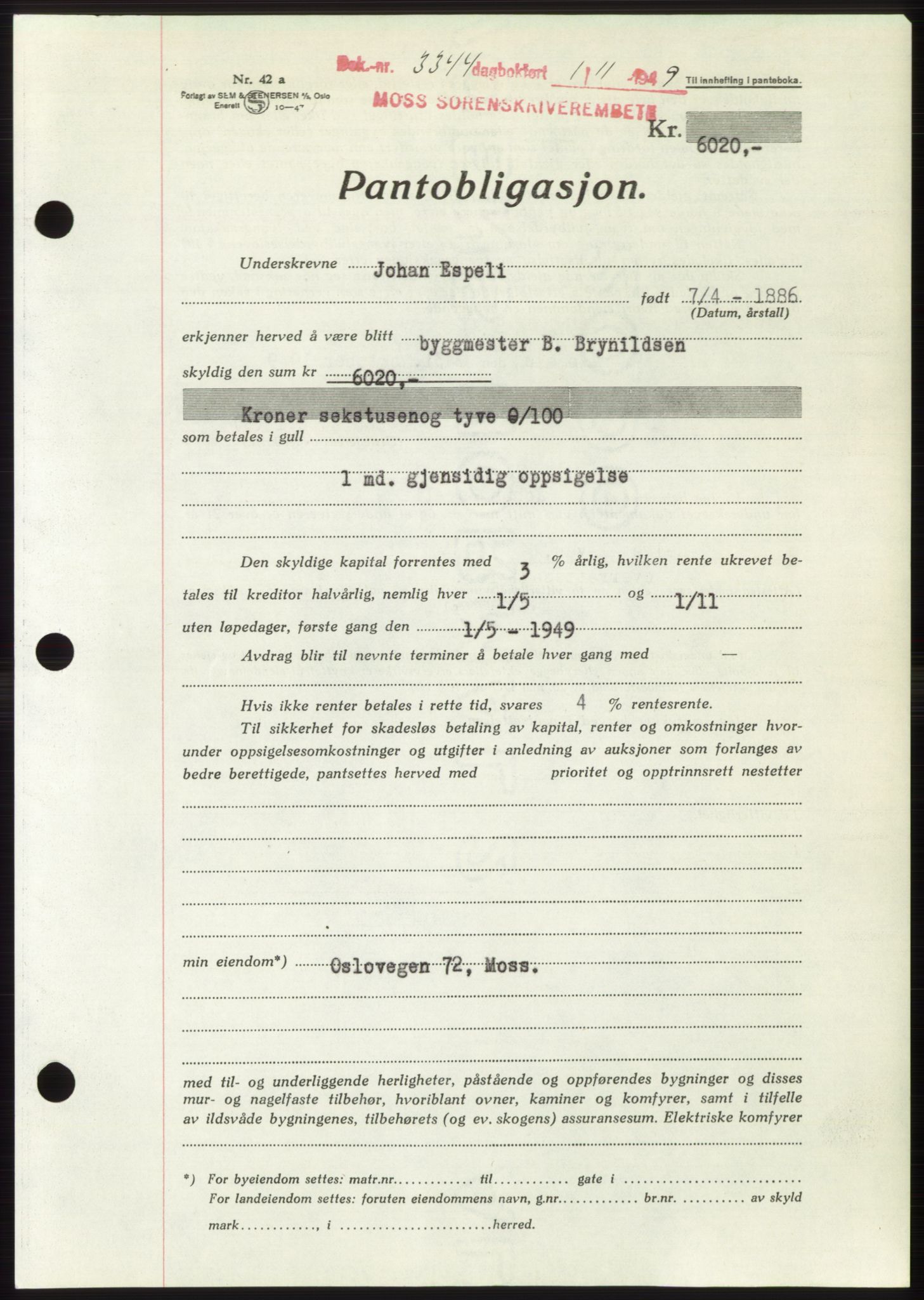 Moss sorenskriveri, SAO/A-10168: Mortgage book no. B23, 1949-1950, Diary no: : 3344/1949