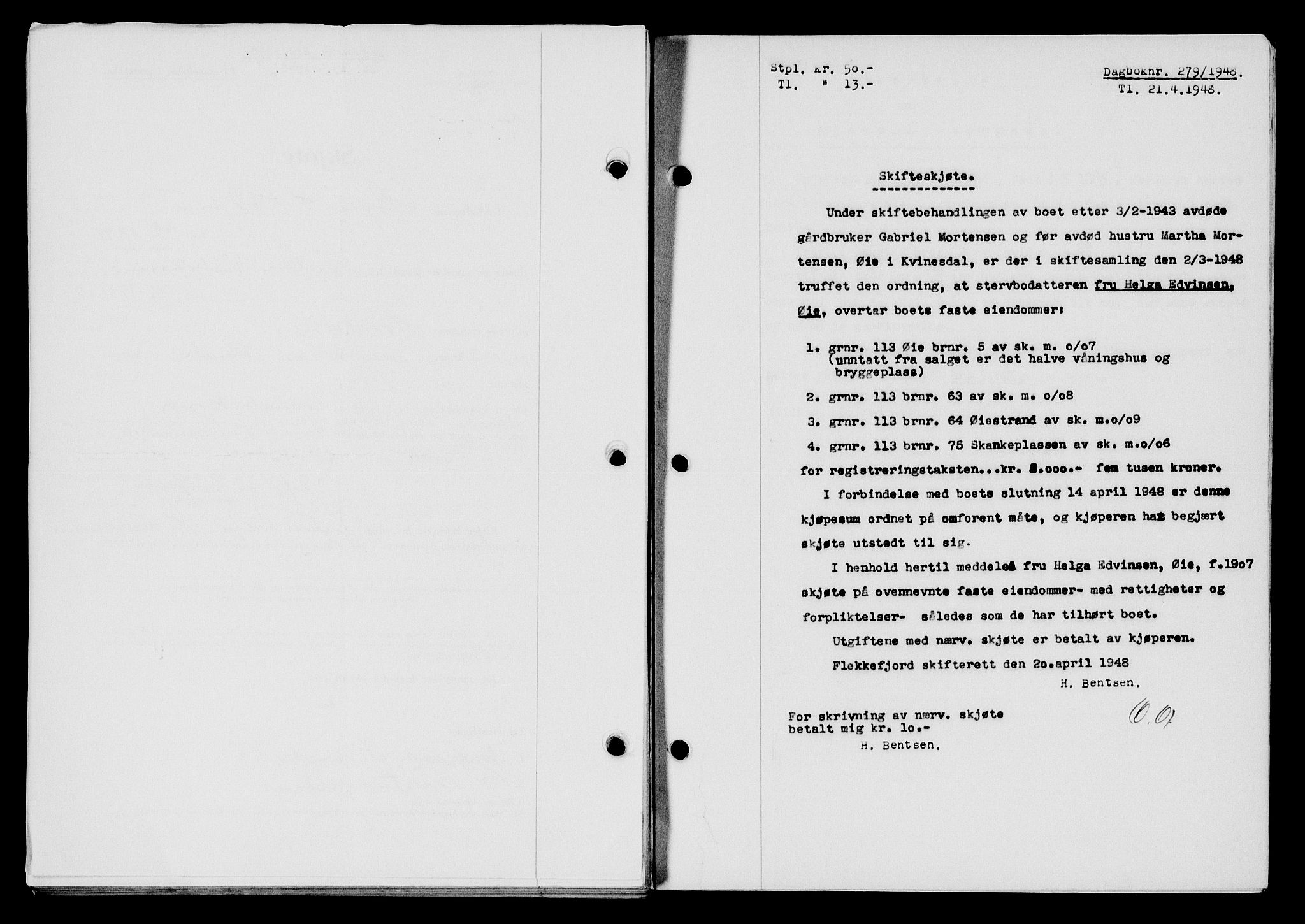 Flekkefjord sorenskriveri, AV/SAK-1221-0001/G/Gb/Gba/L0063: Mortgage book no. A-11, 1947-1948, Diary no: : 279/1948