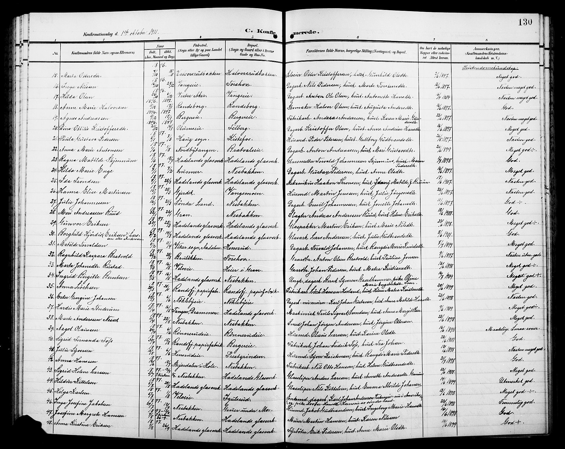 Jevnaker prestekontor, SAH/PREST-116/H/Ha/Hab/L0004: Parish register (copy) no. 4, 1907-1918, p. 130