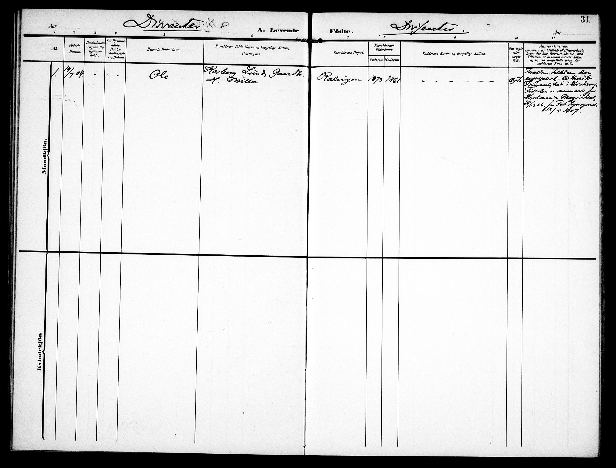 Fet prestekontor Kirkebøker, SAO/A-10370a/F/Fb/L0003: Parish register (official) no. II 3, 1905-1914, p. 31