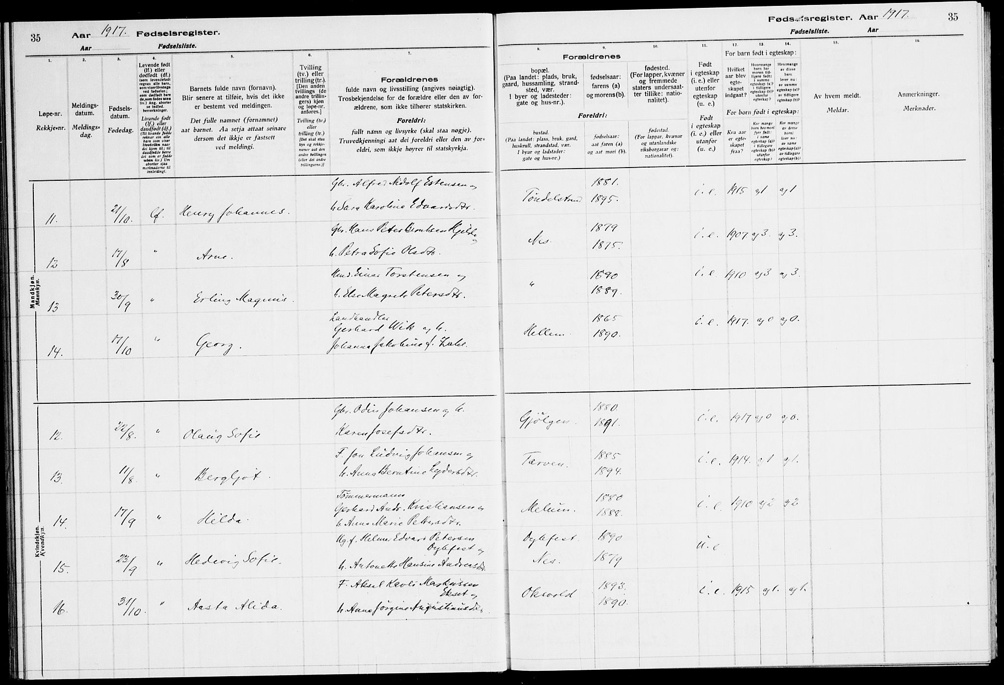 Ministerialprotokoller, klokkerbøker og fødselsregistre - Sør-Trøndelag, SAT/A-1456/651/L0650: Birth register no. 651.II.4.1, 1916-1923, p. 35