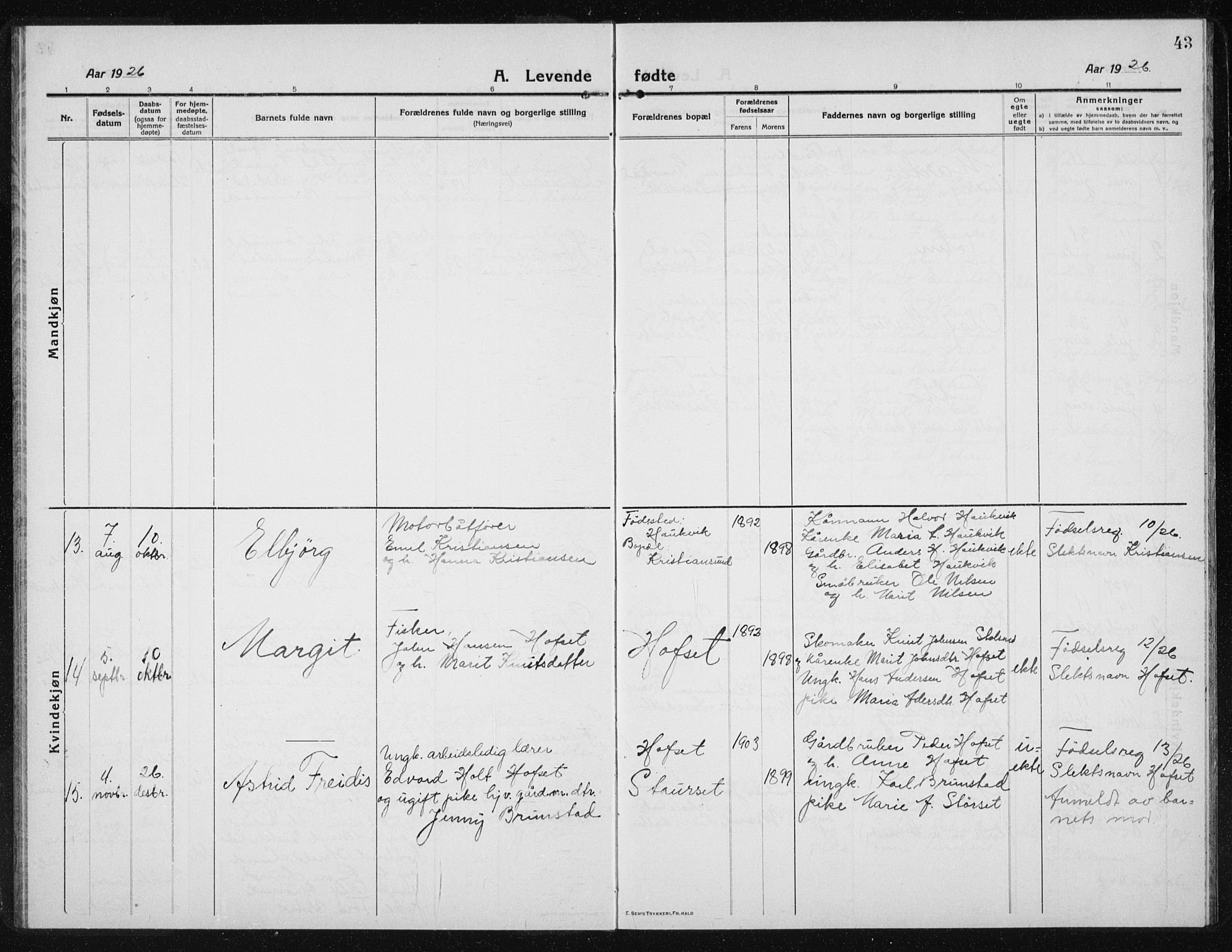 Ministerialprotokoller, klokkerbøker og fødselsregistre - Sør-Trøndelag, AV/SAT-A-1456/631/L0515: Parish register (copy) no. 631C03, 1913-1939, p. 43