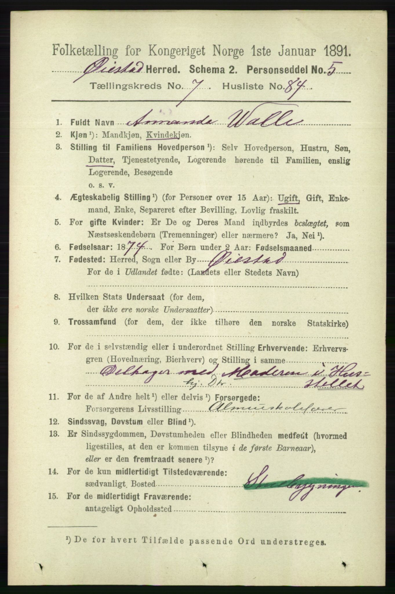 RA, 1891 census for 0920 Øyestad, 1891, p. 3128