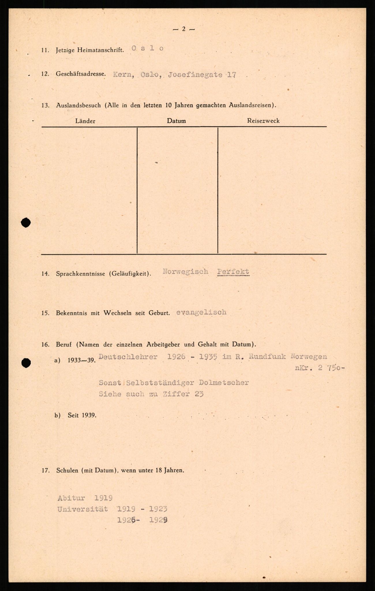 Forsvaret, Forsvarets overkommando II, RA/RAFA-3915/D/Db/L0016: CI Questionaires. Tyske okkupasjonsstyrker i Norge. Tyskere., 1945-1946, p. 326