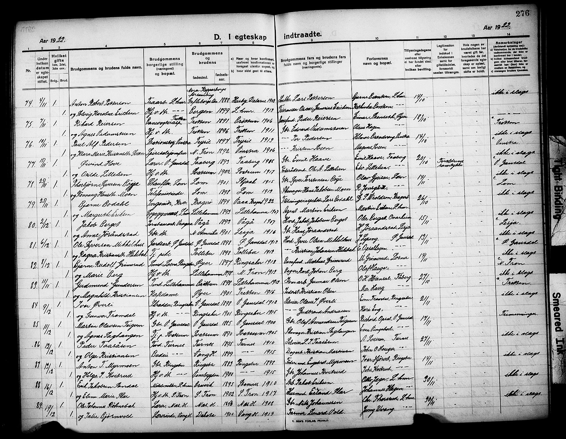 Lillehammer prestekontor, AV/SAH-PREST-088/H/Ha/Hab/L0002: Parish register (copy) no. 2, 1913-1929, p. 276