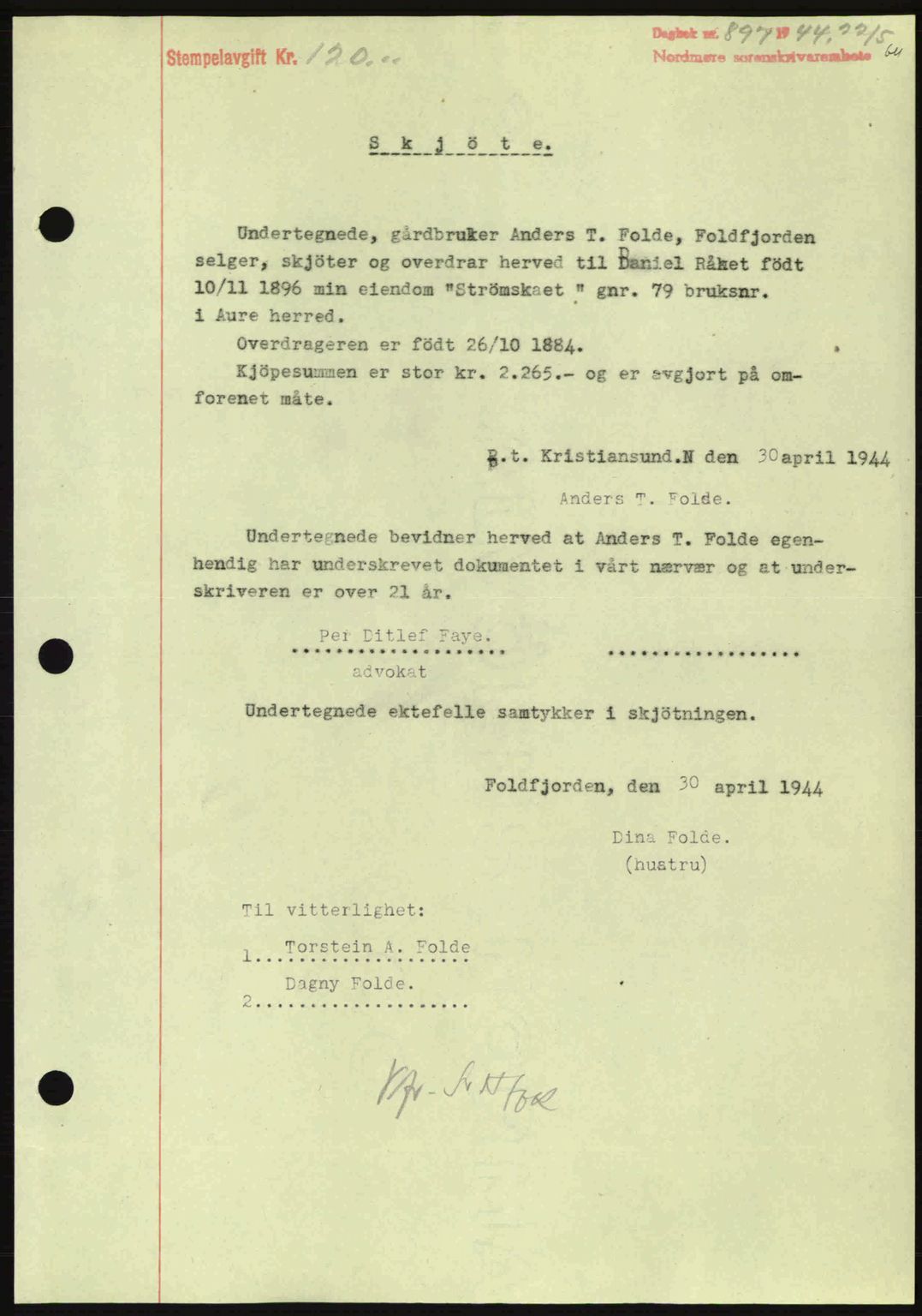 Nordmøre sorenskriveri, AV/SAT-A-4132/1/2/2Ca: Mortgage book no. A97, 1944-1944, Diary no: : 897/1944