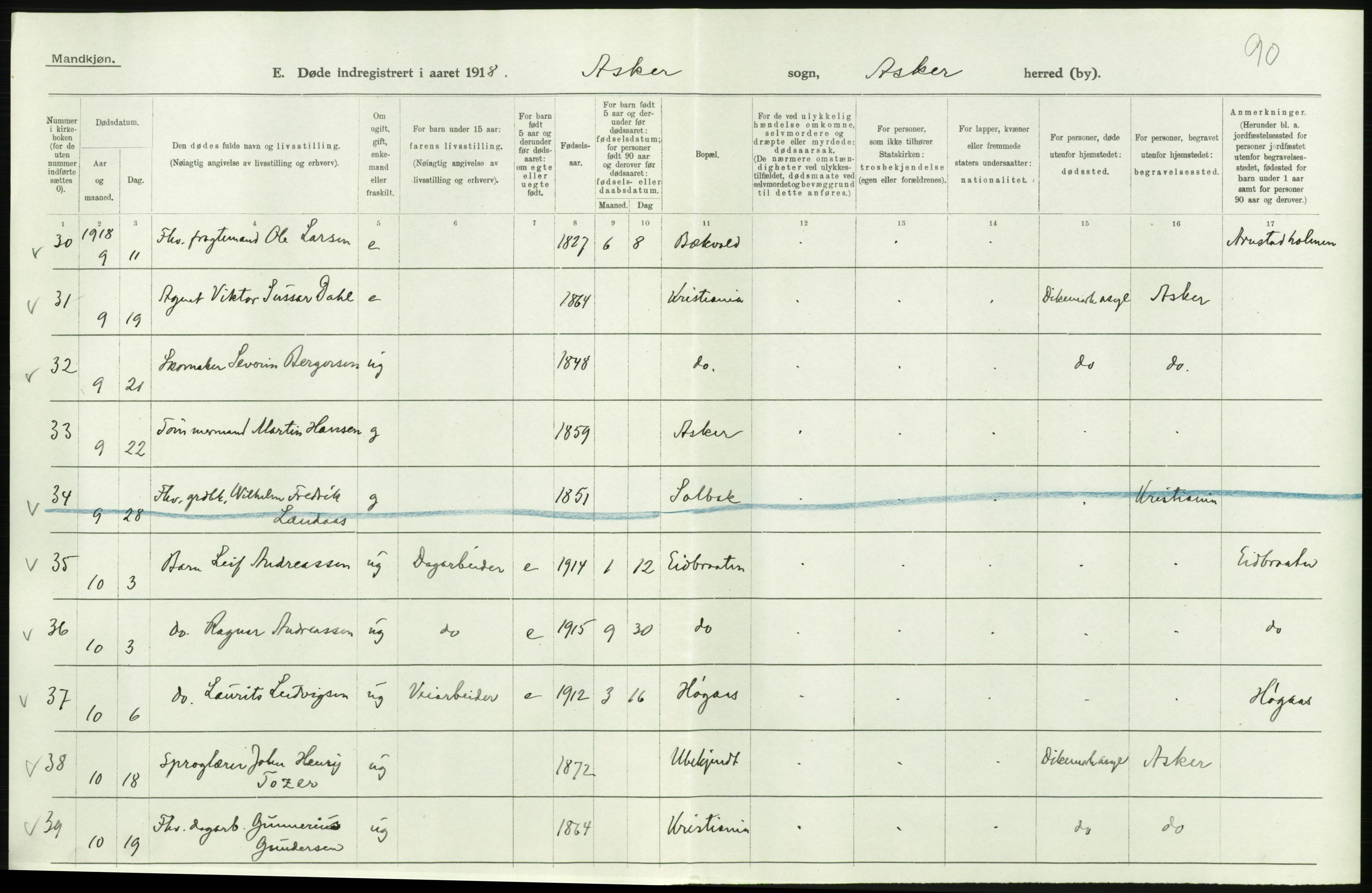 Statistisk sentralbyrå, Sosiodemografiske emner, Befolkning, AV/RA-S-2228/D/Df/Dfb/Dfbh/L0006: Akershus fylke: Døde. Bygder og byer., 1918, p. 178