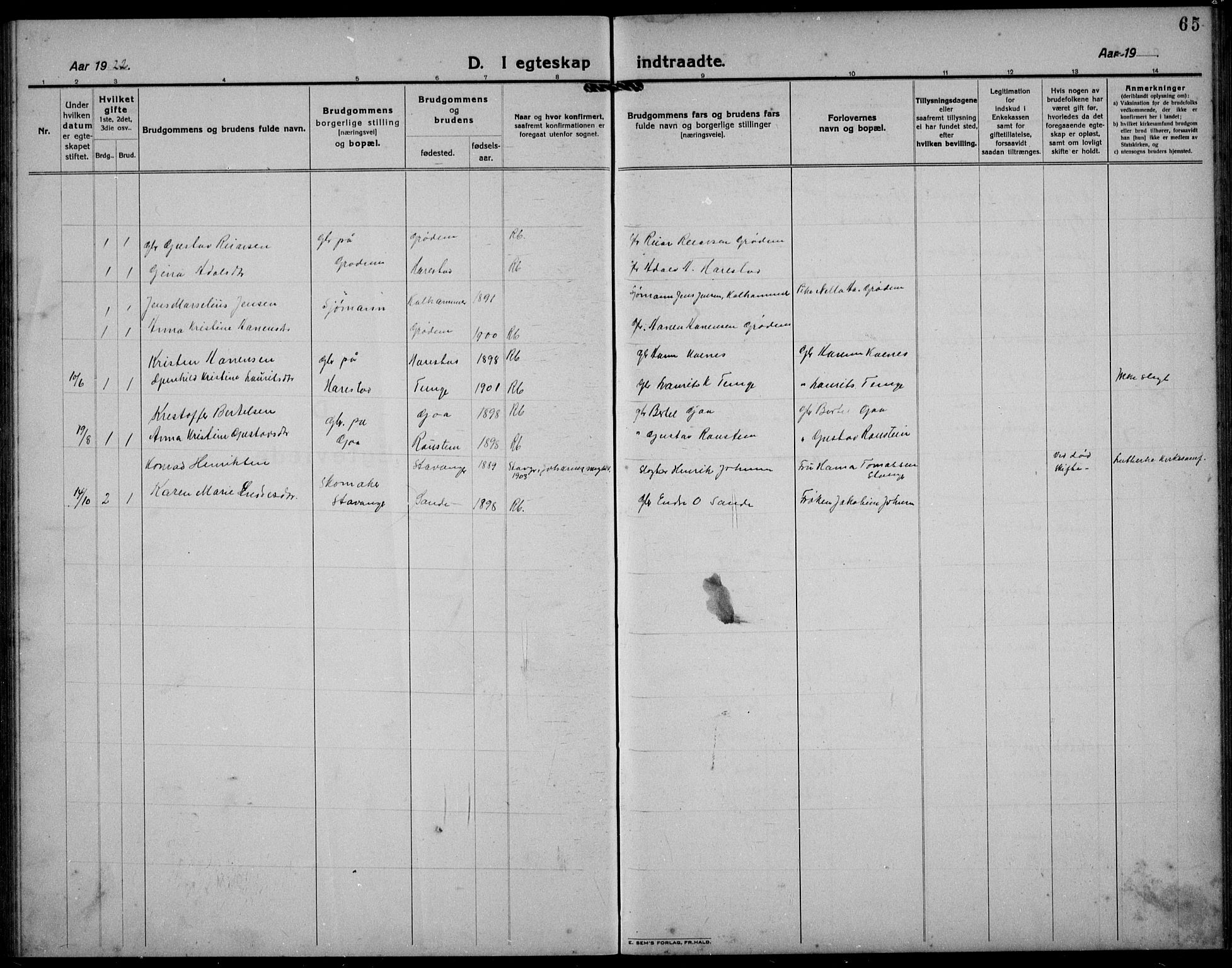 Hetland sokneprestkontor, SAST/A-101826/30/30BB/L0012: Parish register (copy) no. B 12, 1922-1940, p. 65