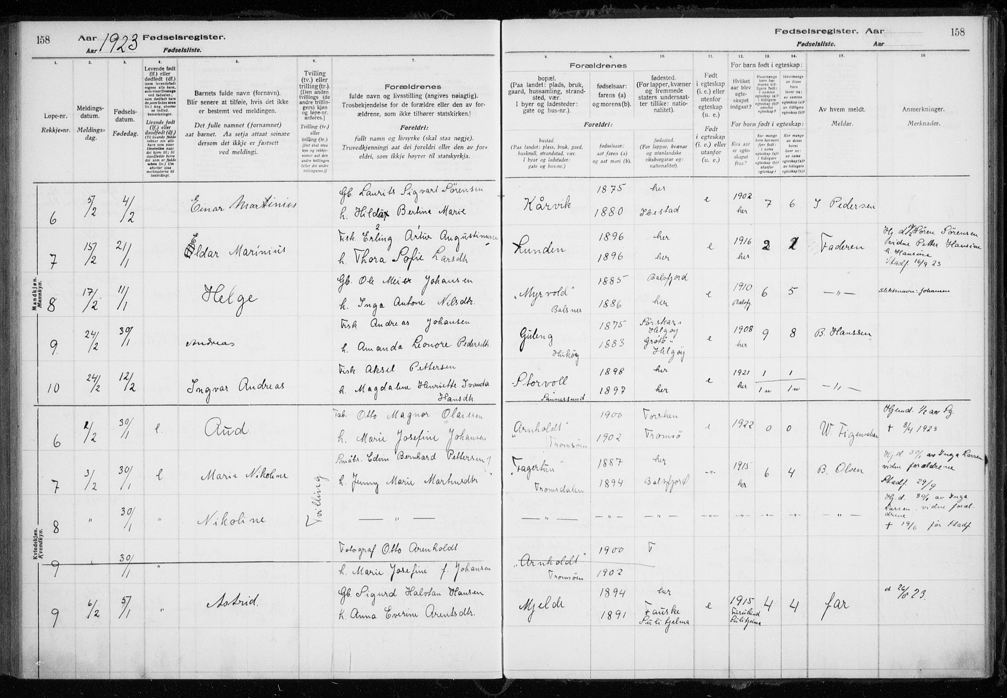 Tromsøysund sokneprestkontor, AV/SATØ-S-1304/H/Ha/L0079: Birth register no. 79, 1916-1924, p. 158