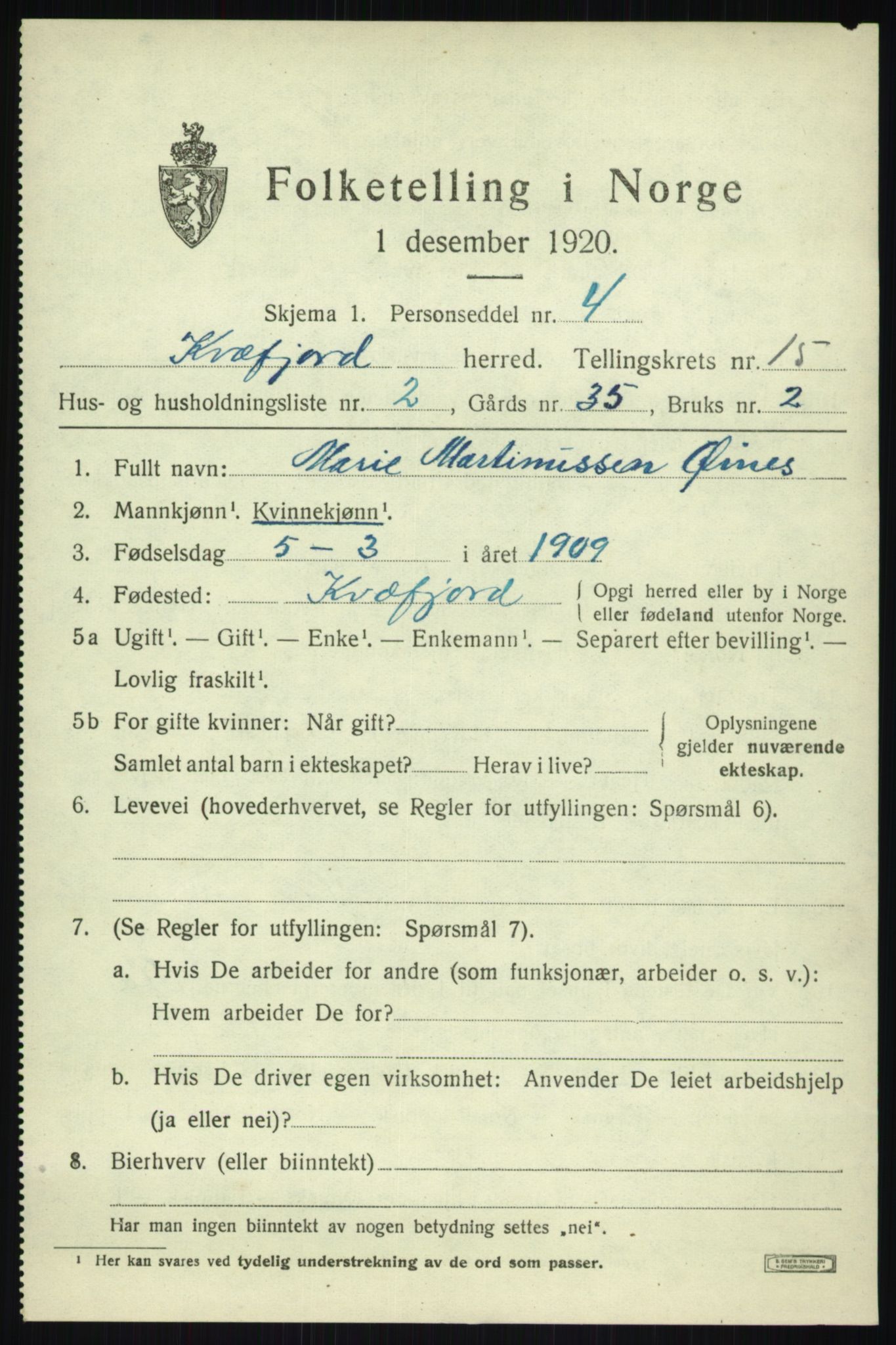 SATØ, 1920 census for Kvæfjord, 1920, p. 6927