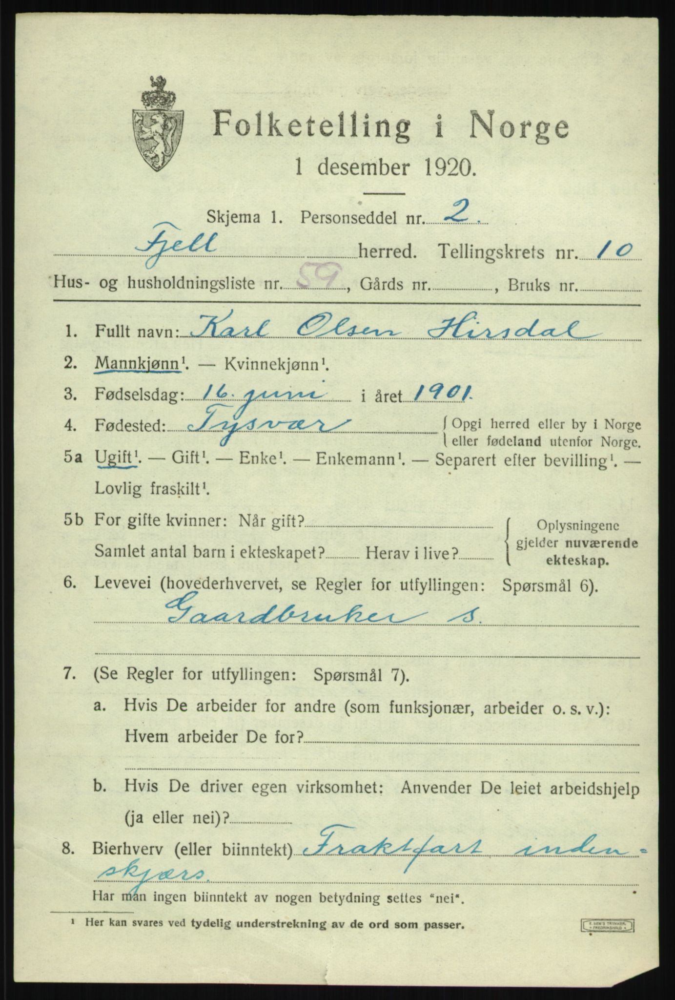 SAB, 1920 census for Fjell, 1920, p. 9830