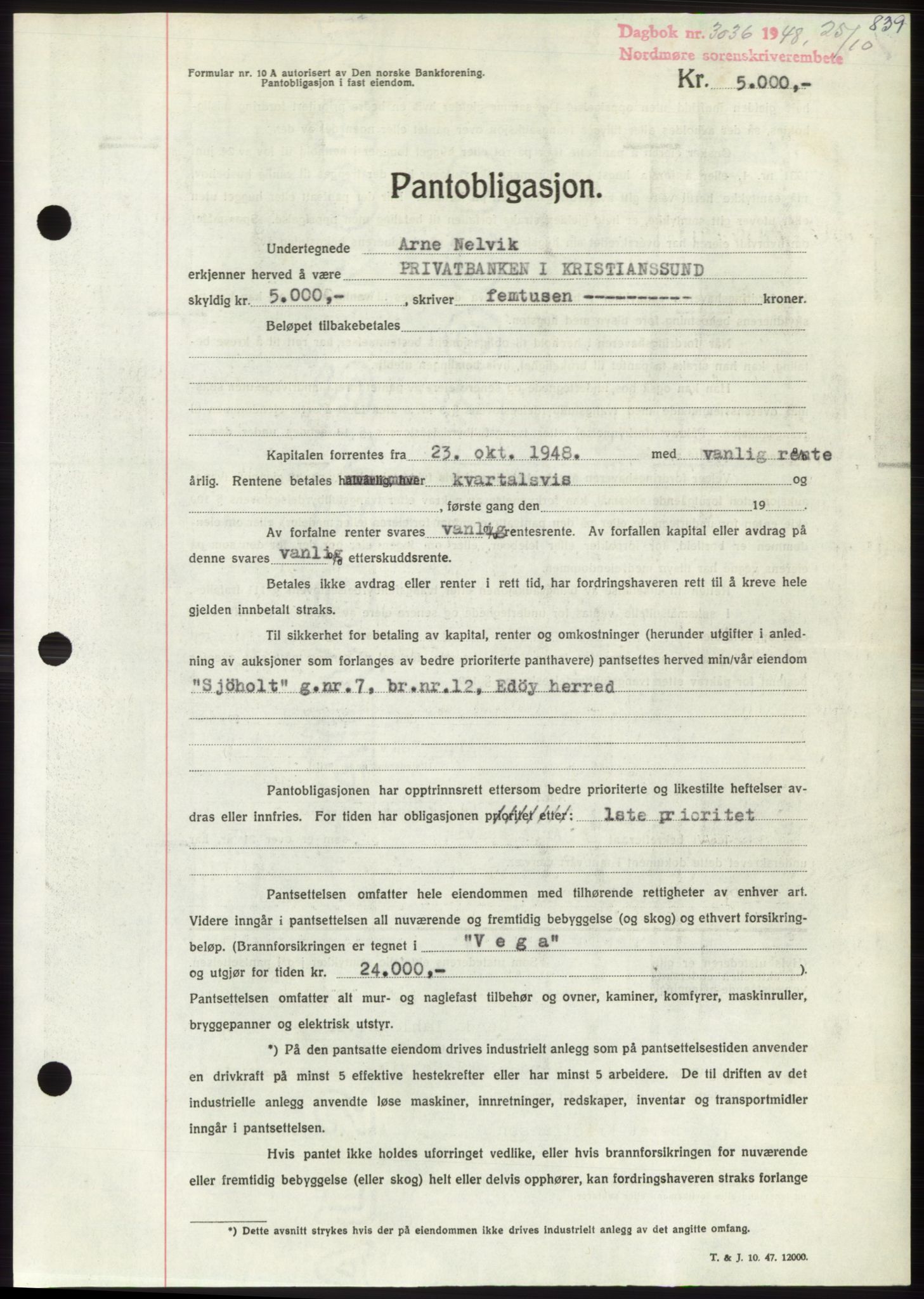 Nordmøre sorenskriveri, AV/SAT-A-4132/1/2/2Ca: Mortgage book no. B99, 1948-1948, Diary no: : 3036/1948