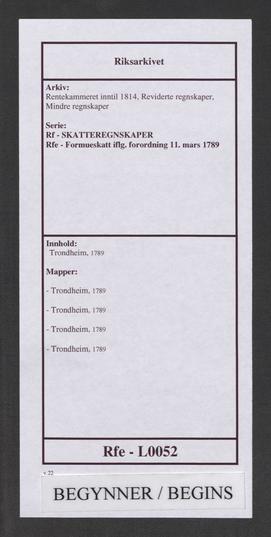 Rentekammeret inntil 1814, Reviderte regnskaper, Mindre regnskaper, AV/RA-EA-4068/Rf/Rfe/L0052:  Trondheim, 1789, p. 1