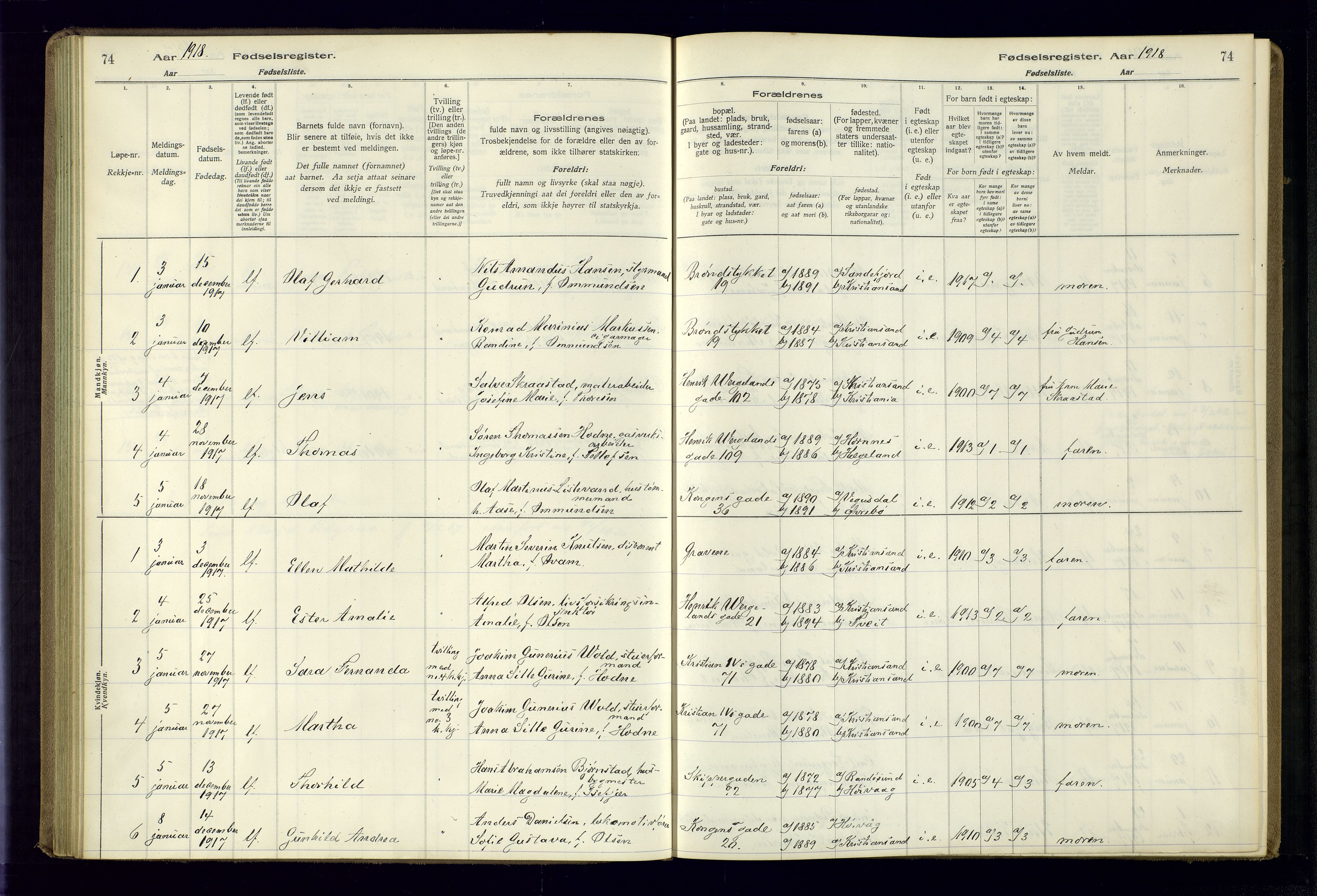 Kristiansand domprosti, AV/SAK-1112-0006/J/Jc/L0001: Birth register no. A-VI-45, 1916-1921, p. 74