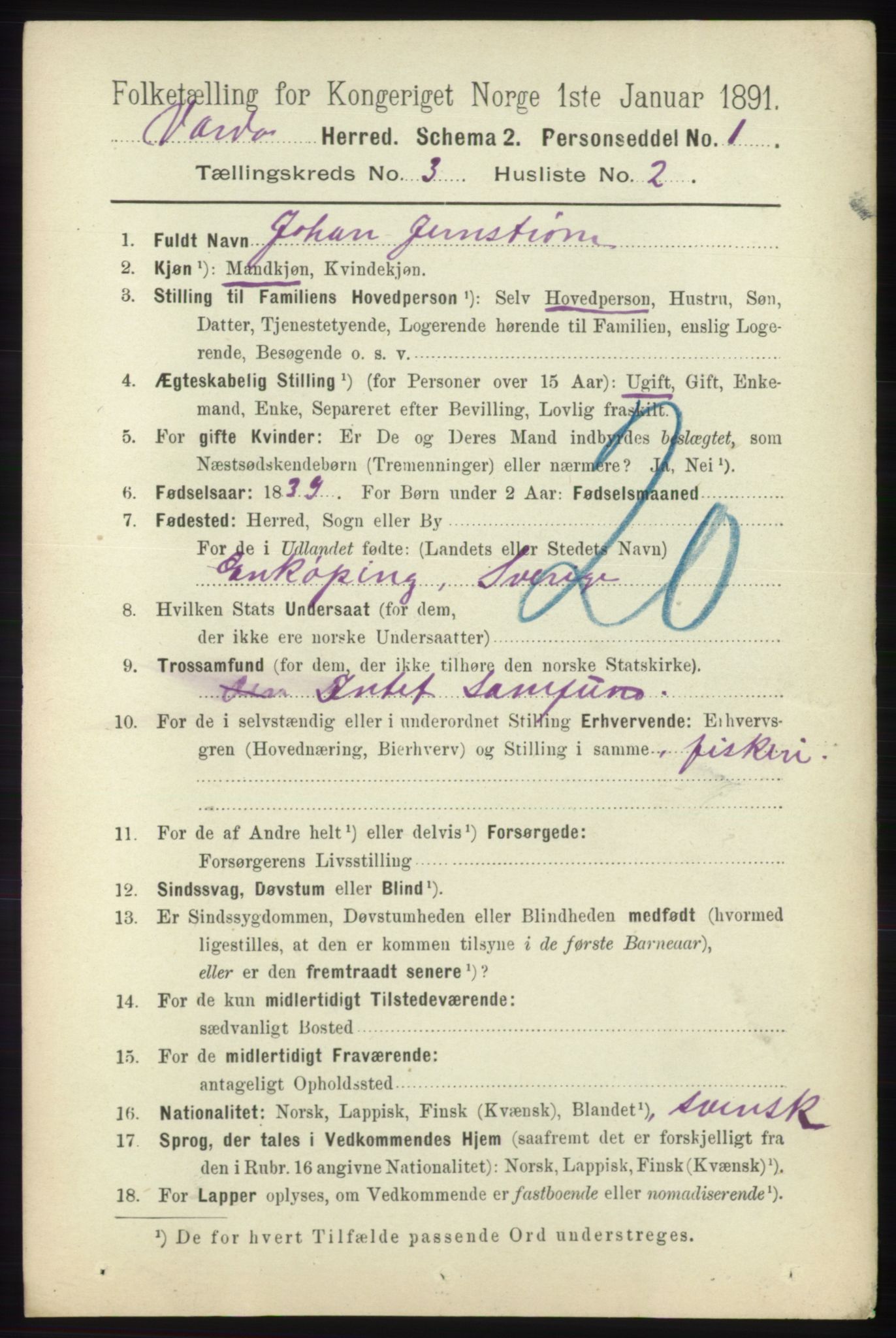 RA, 1891 census for 2028 Vardø, 1891, p. 825