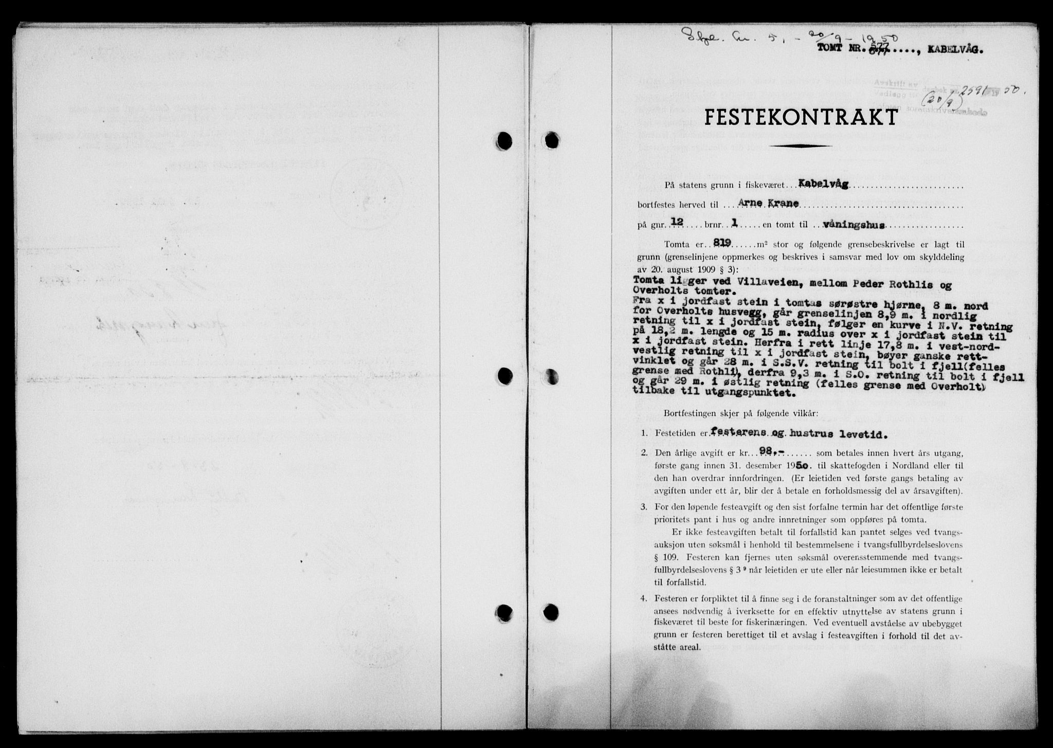 Lofoten sorenskriveri, SAT/A-0017/1/2/2C/L0024a: Mortgage book no. 24a, 1950-1950, Diary no: : 2591/1950