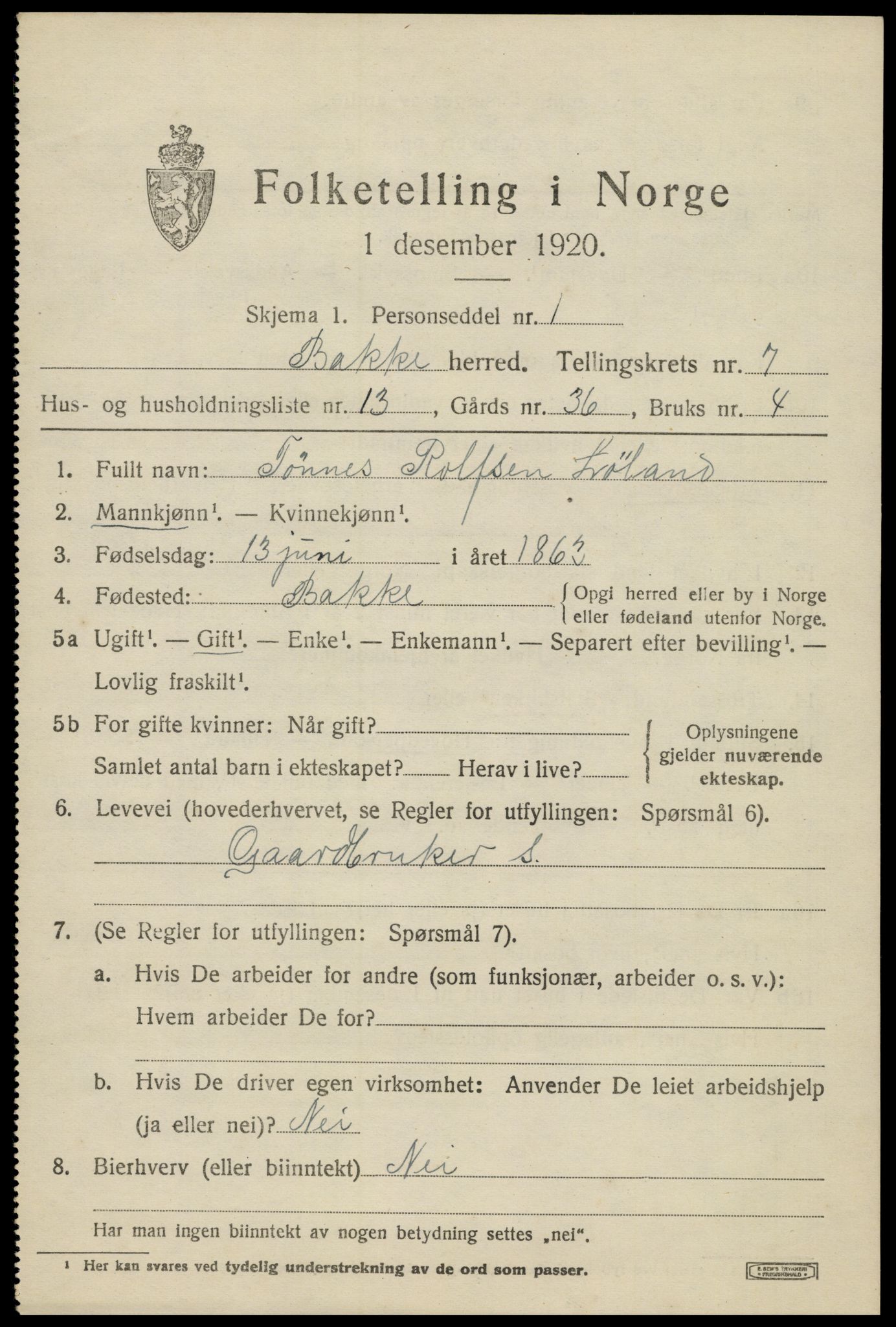 SAK, 1920 census for Bakke, 1920, p. 2370