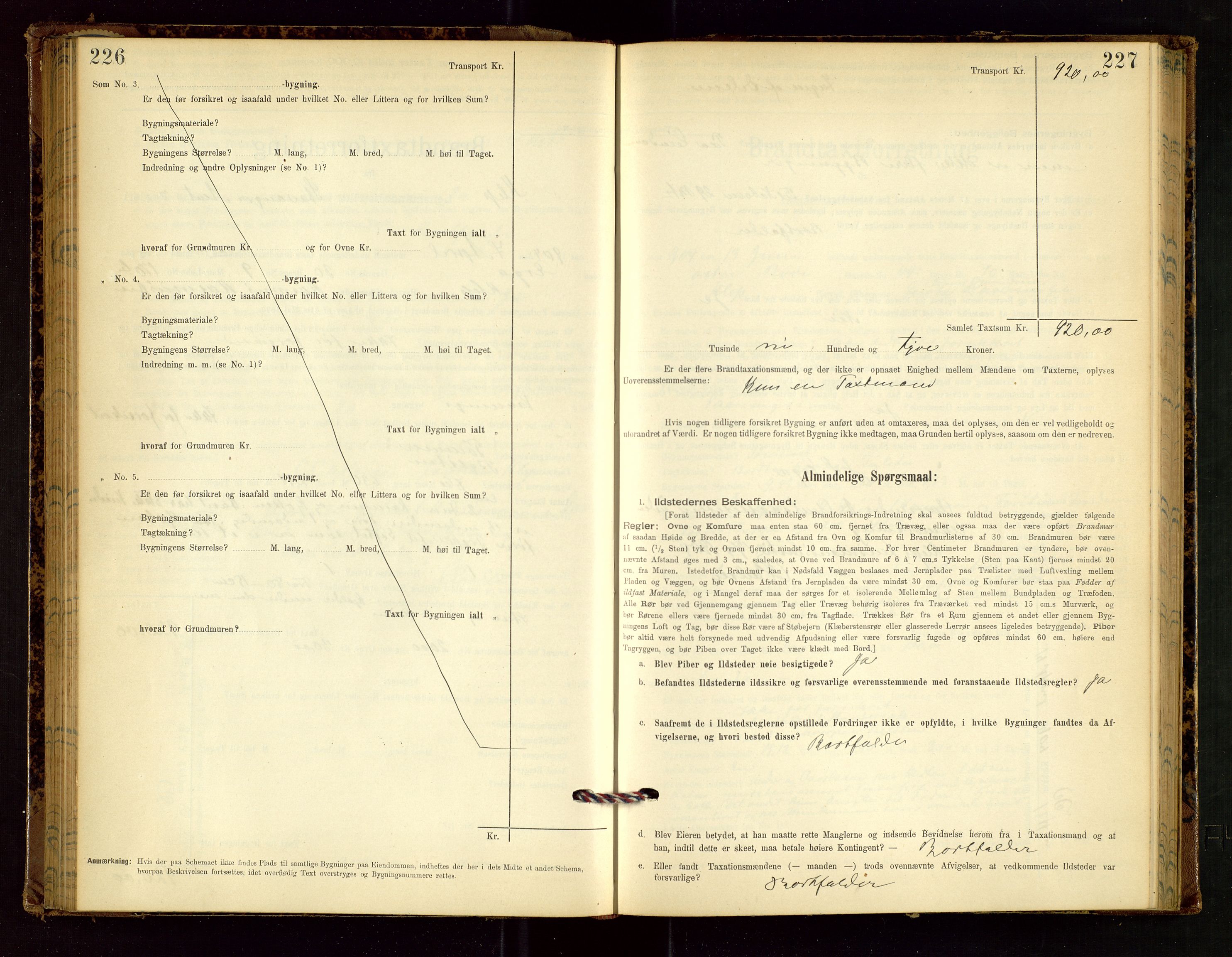 Klepp lensmannskontor, AV/SAST-A-100163/Goc/L0002: "Brandtaxationsprotokol" m/register, 1898-1902, p. 226-227