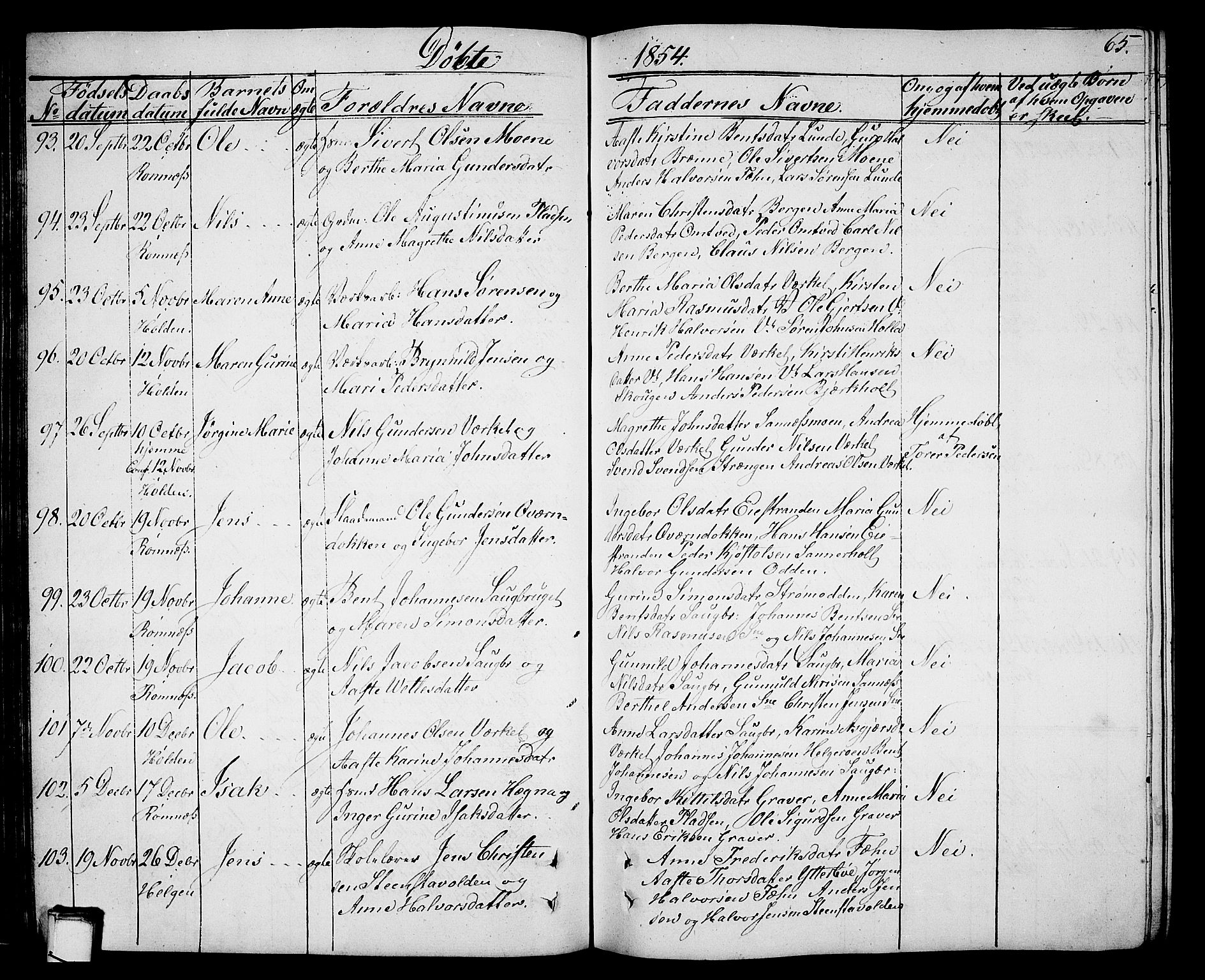 Holla kirkebøker, AV/SAKO-A-272/G/Ga/L0003: Parish register (copy) no. I 3, 1849-1866, p. 65