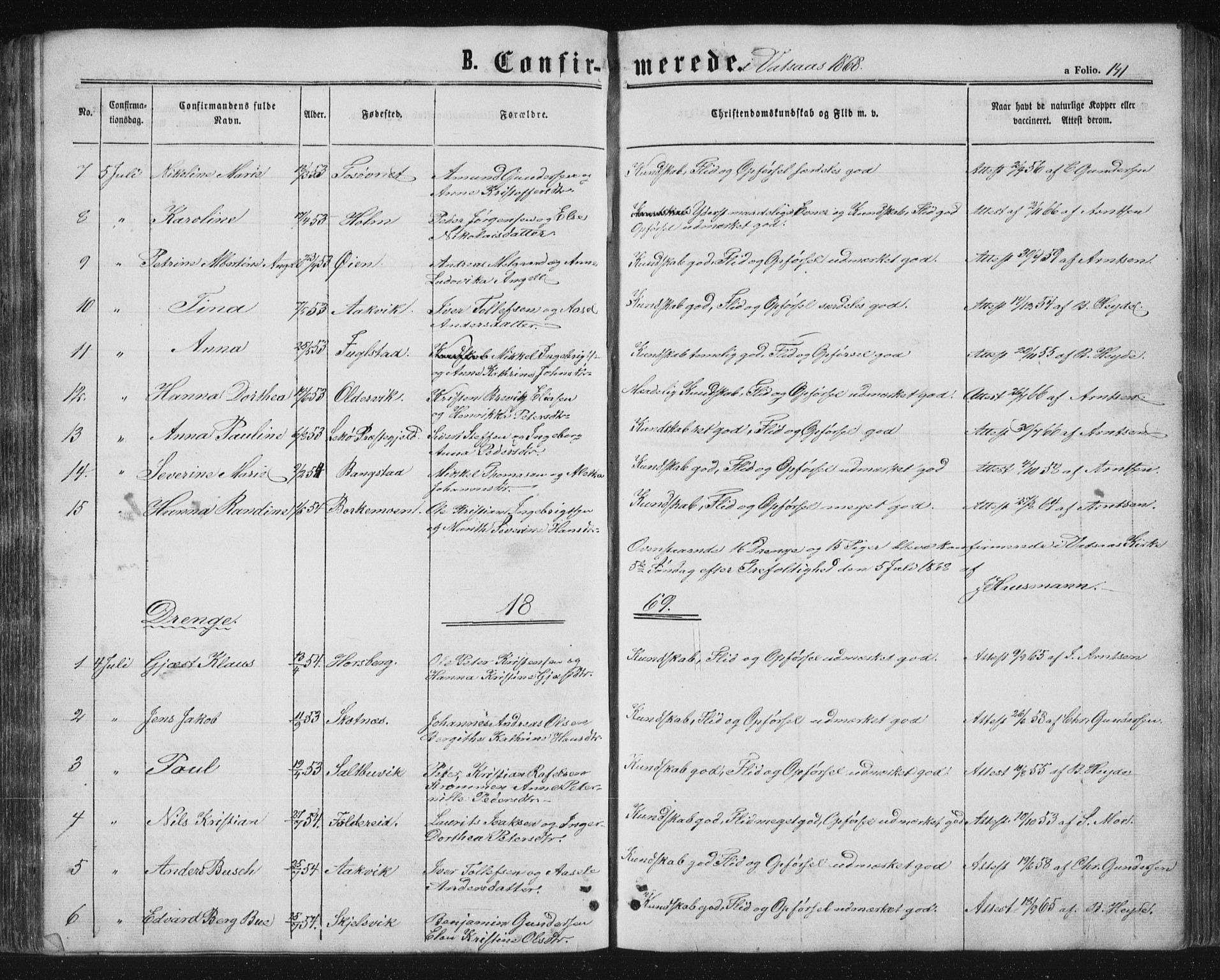 Ministerialprotokoller, klokkerbøker og fødselsregistre - Nordland, SAT/A-1459/810/L0158: Parish register (copy) no. 810C02 /1, 1863-1883, p. 141