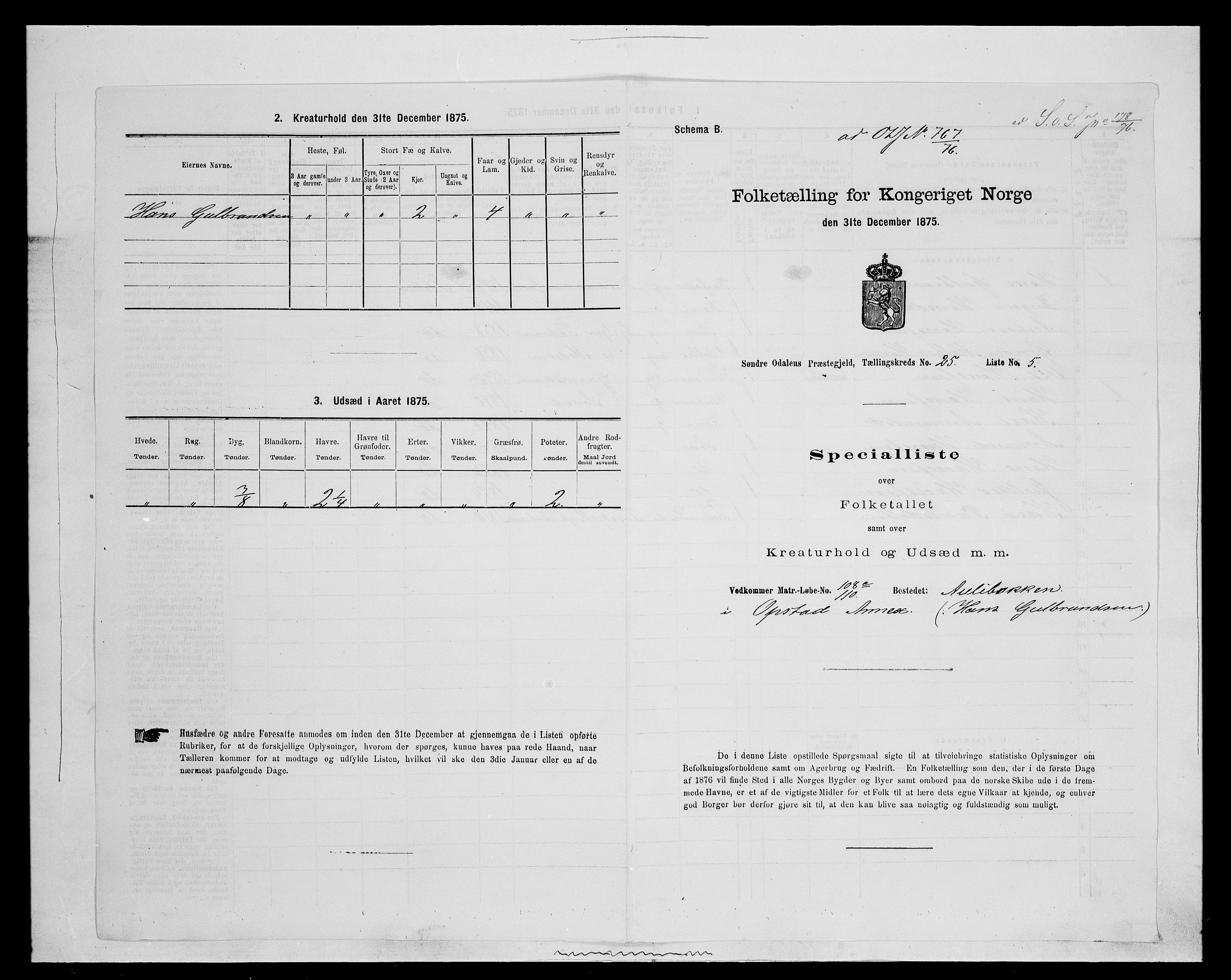 SAH, 1875 census for 0419P Sør-Odal, 1875, p. 2105