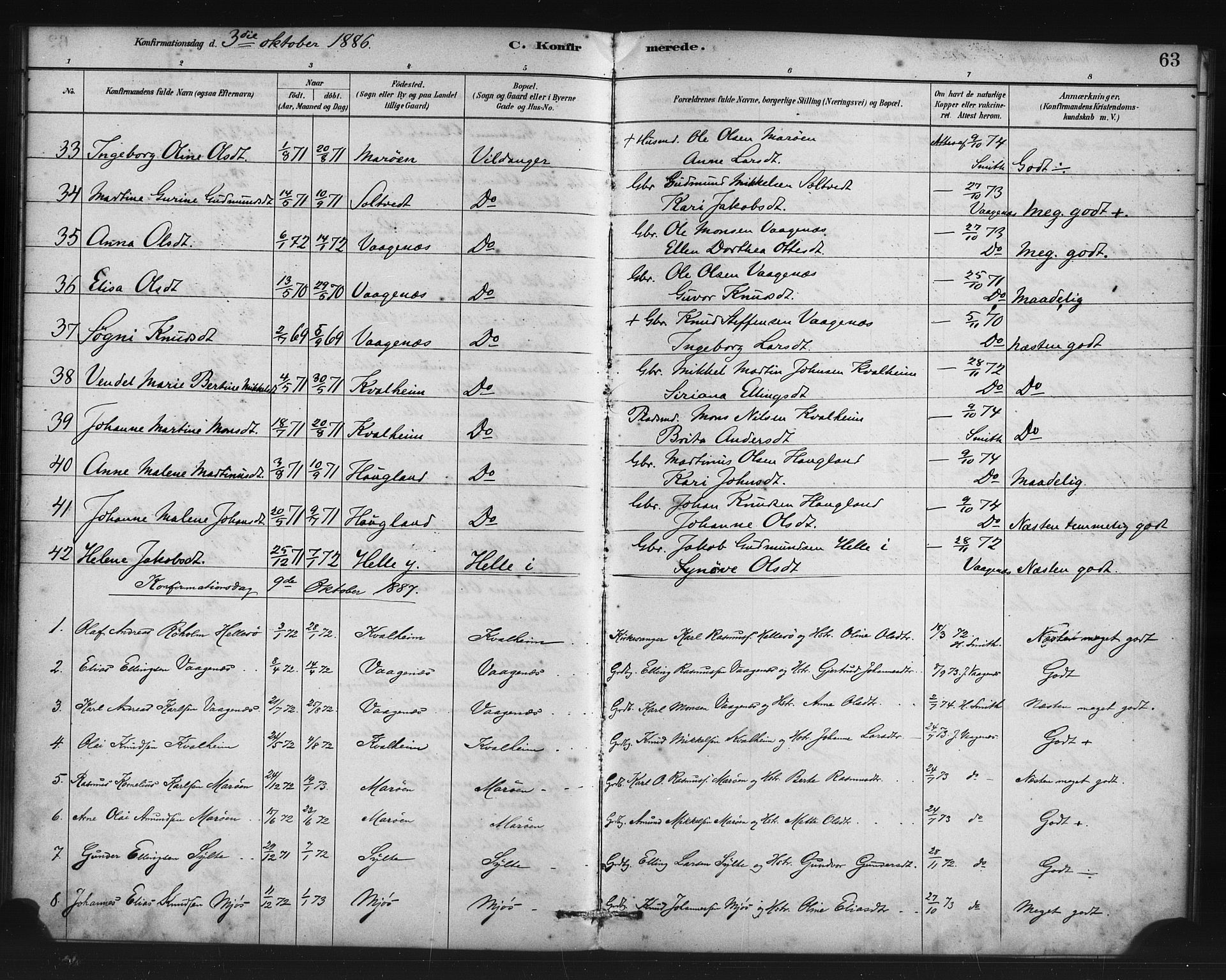 Manger sokneprestembete, SAB/A-76801/H/Haa: Parish register (official) no. C 1, 1881-1890, p. 63