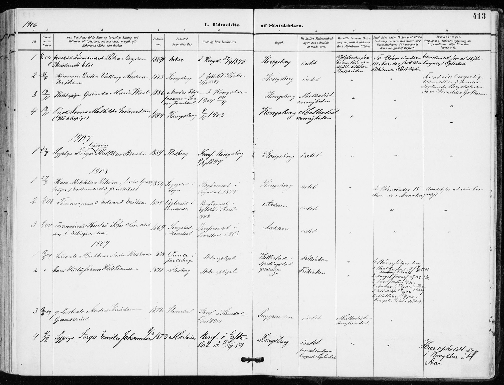 Kongsberg kirkebøker, SAKO/A-22/F/Fb/L0004: Parish register (official) no. II 4, 1906-1918, p. 413