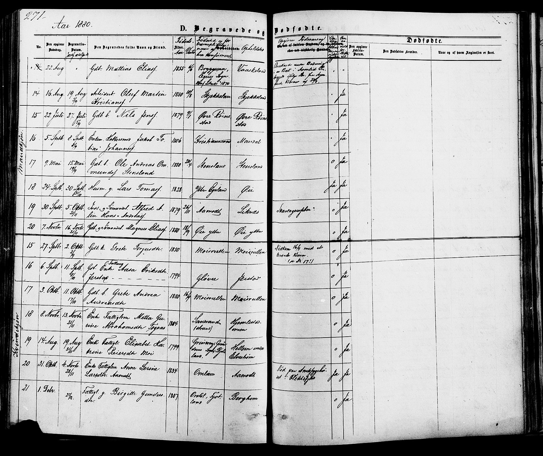 Kvinesdal sokneprestkontor, AV/SAK-1111-0026/F/Fa/Fab/L0007: Parish register (official) no. A 7, 1870-1885, p. 271