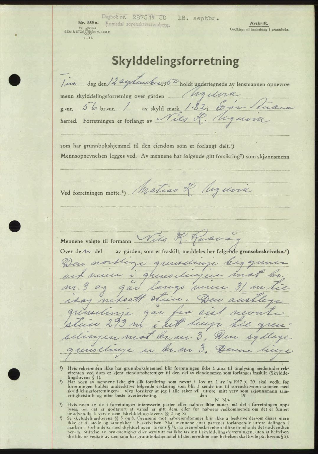 Romsdal sorenskriveri, AV/SAT-A-4149/1/2/2C: Mortgage book no. A34, 1950-1950, Diary no: : 2875/1950